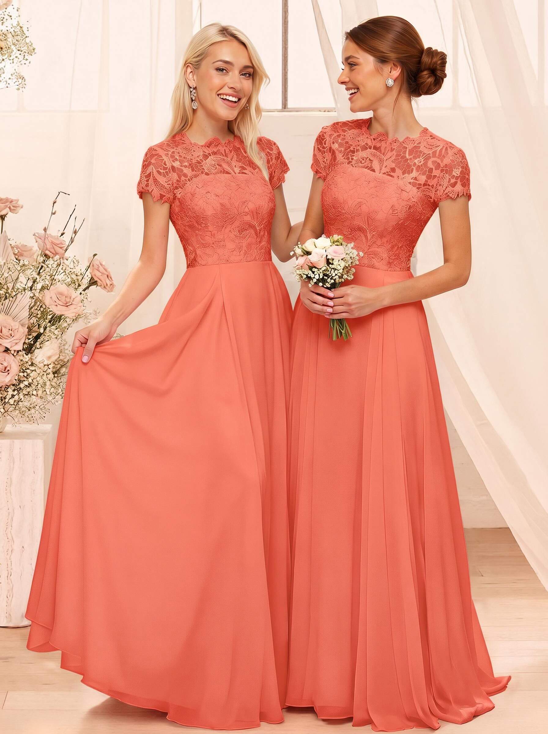 A-Line Scoop Neck Sleeveless Cap Straps Chiffon Floor-Length Bridesmaid Dresses With Lace, product image 105