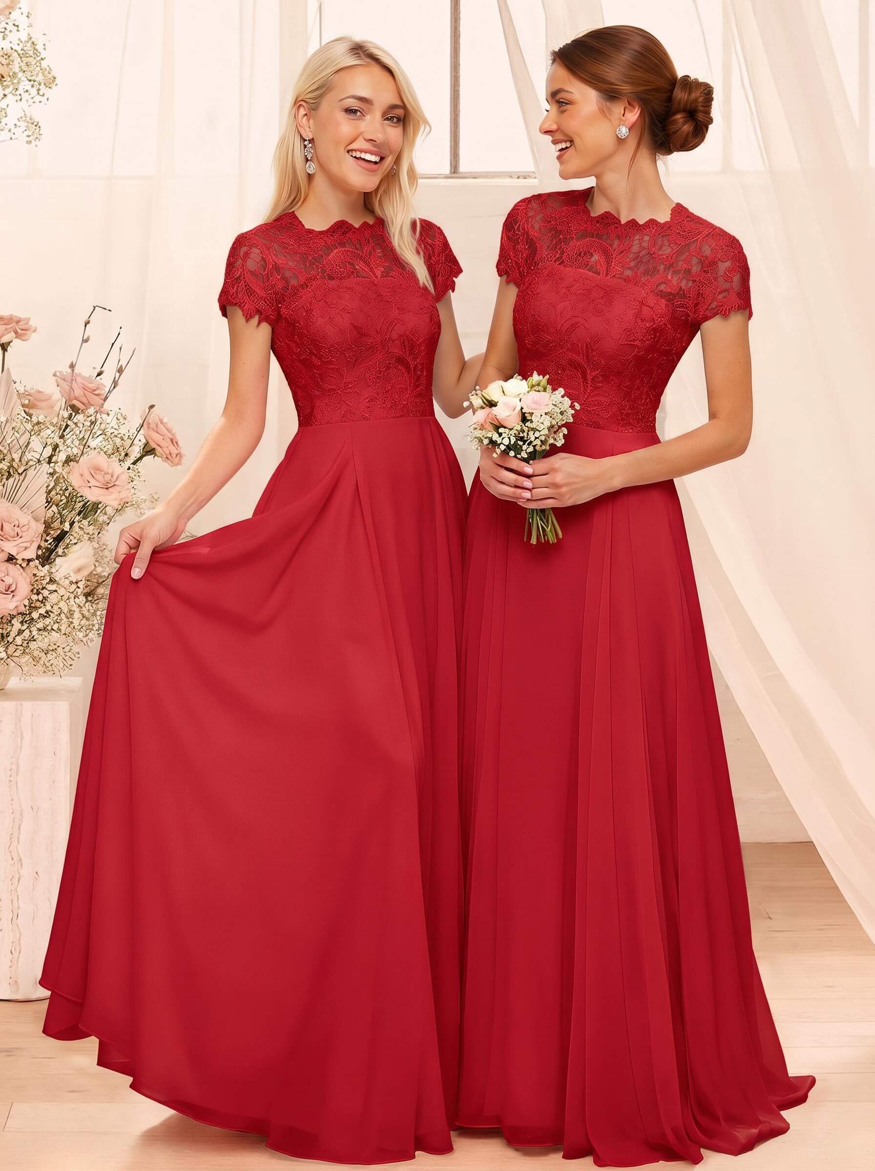 A-Line Scoop Neck Sleeveless Cap Straps Chiffon Floor-Length Bridesmaid Dresses With Lace, product image 35
