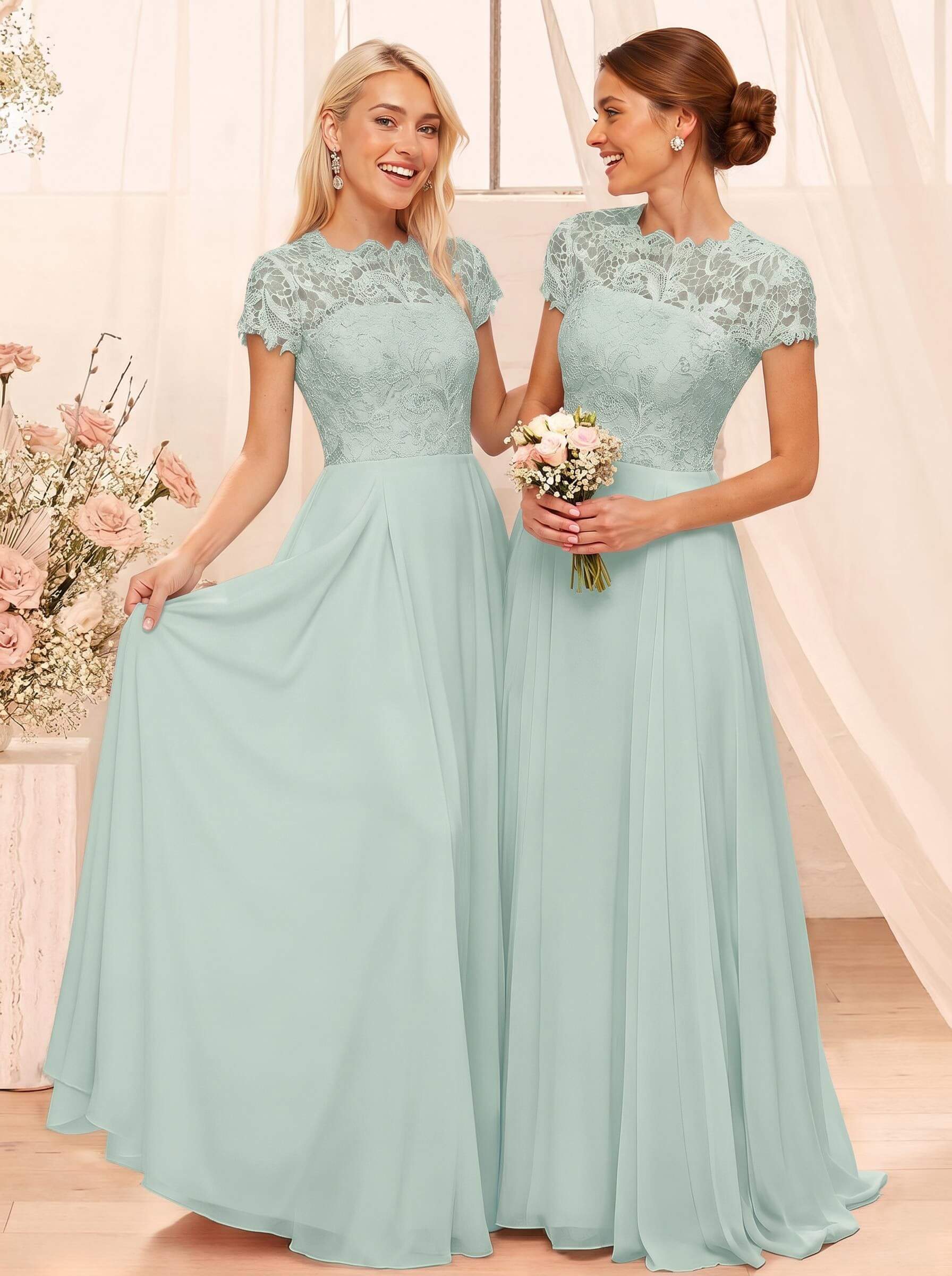A-Line Scoop Neck Sleeveless Cap Straps Chiffon Floor-Length Bridesmaid Dresses With Lace, product image 89
