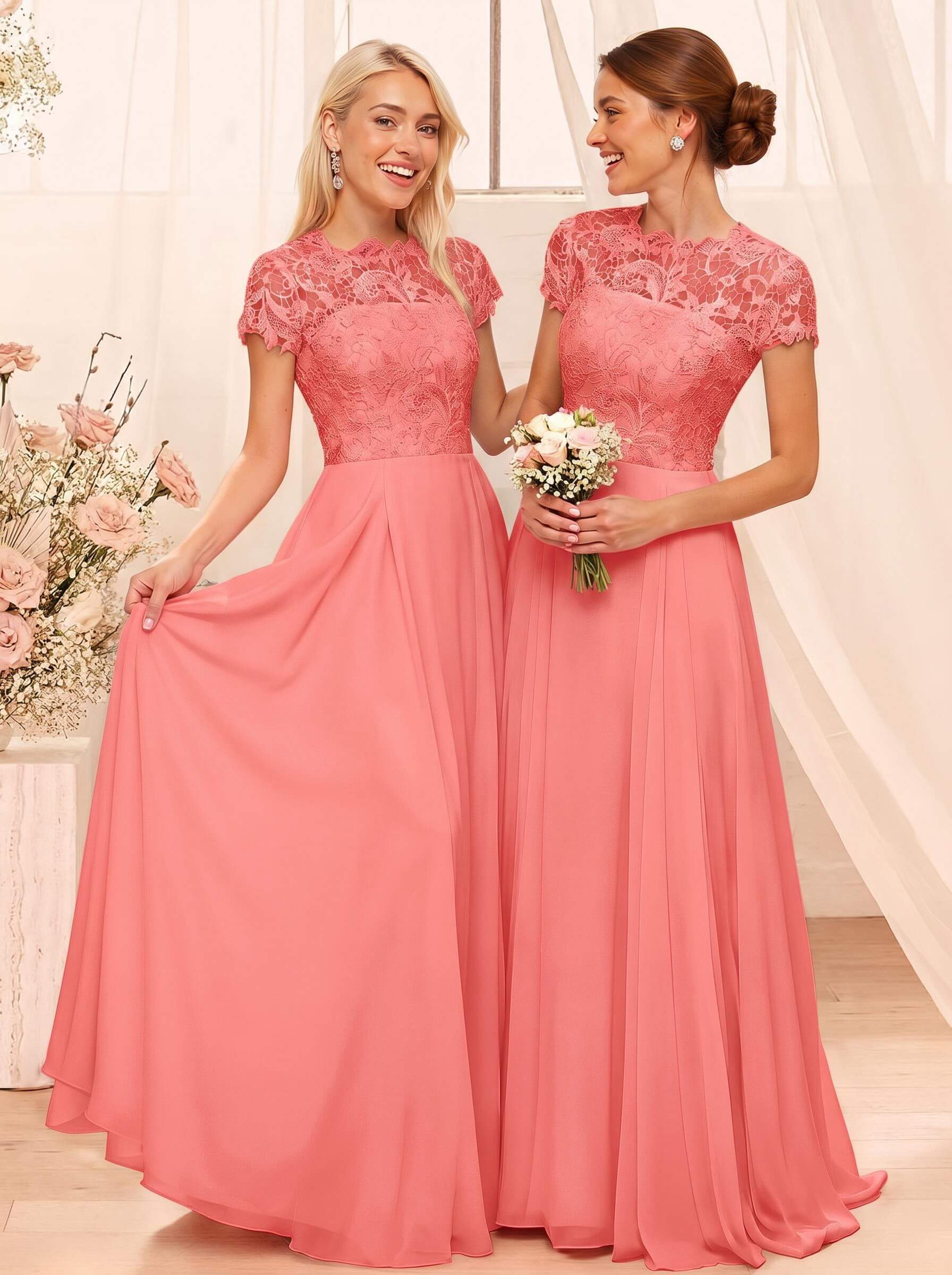 A-Line Scoop Neck Sleeveless Cap Straps Chiffon Floor-Length Bridesmaid Dresses With Lace, product image 39