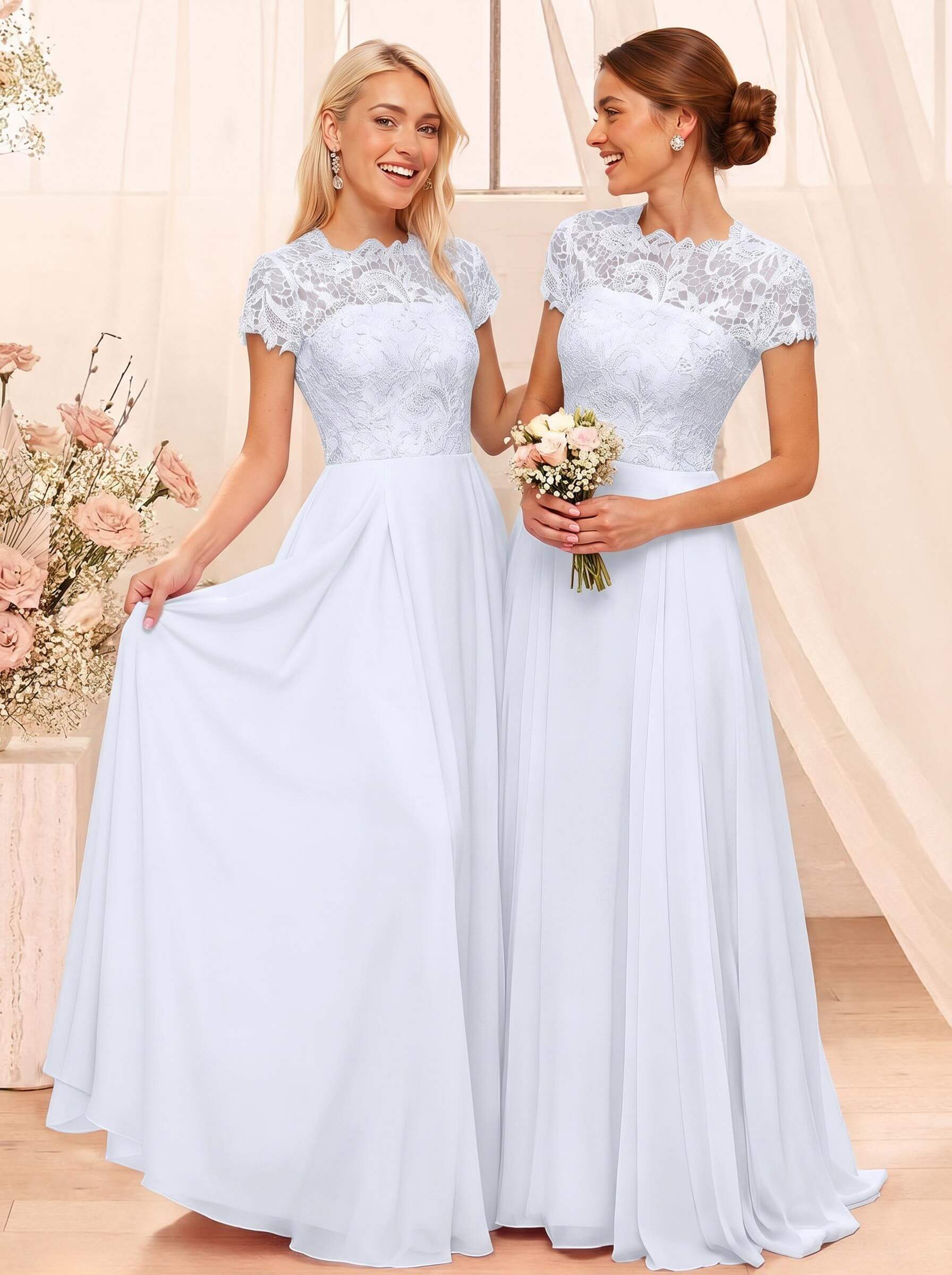 A-Line Scoop Neck Sleeveless Cap Straps Chiffon Floor-Length Bridesmaid Dresses With Lace, product image 111