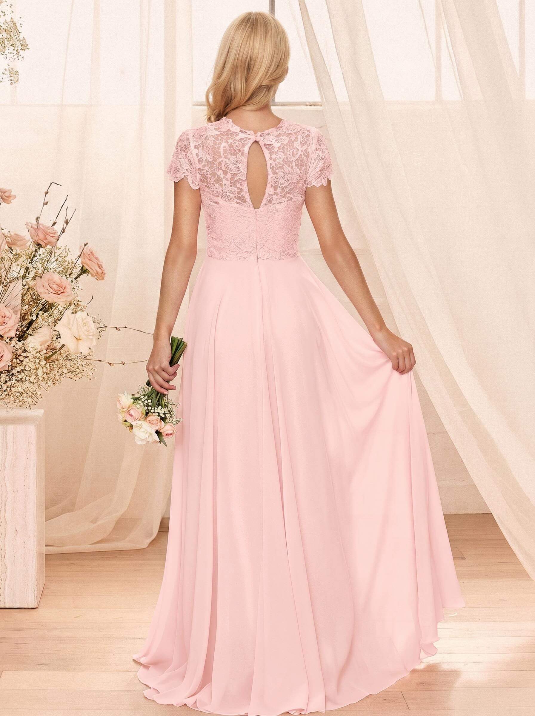 A-Line Scoop Neck Sleeveless Cap Straps Chiffon Floor-Length Bridesmaid Dresses With Lace, product image 50