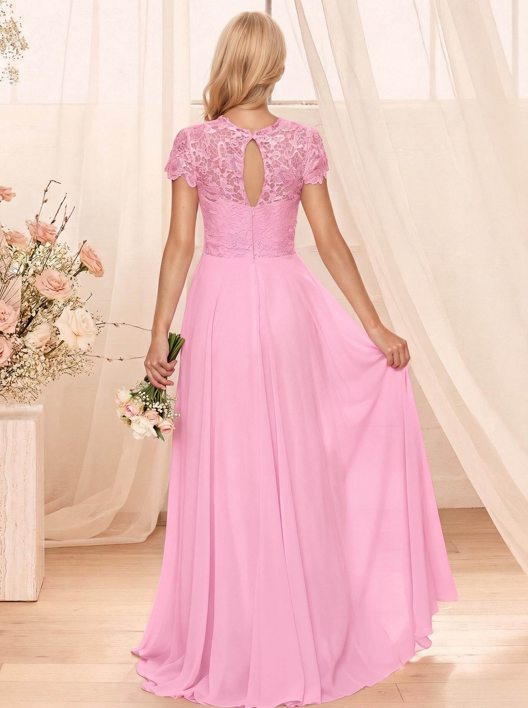 A-Line Scoop Neck Sleeveless Cap Straps Chiffon Floor-Length Bridesmaid Dresses With Lace, product image 52