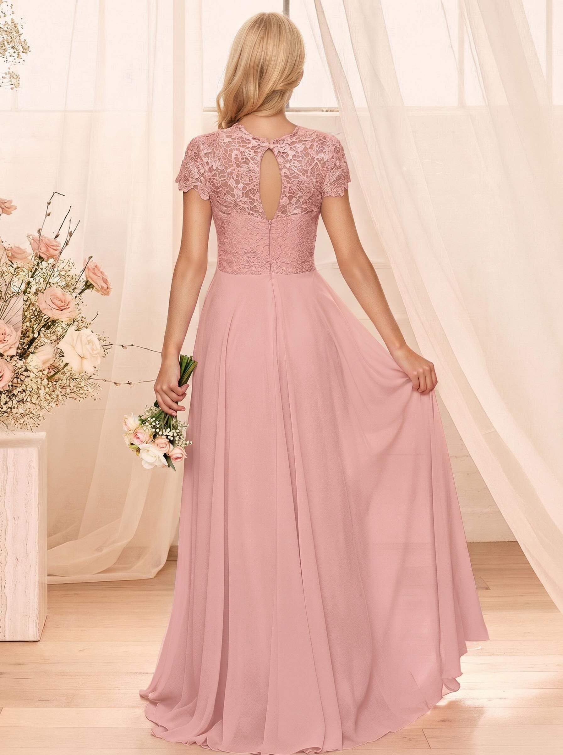 A-Line Scoop Neck Sleeveless Cap Straps Chiffon Floor-Length Bridesmaid Dresses With Lace, product image 44