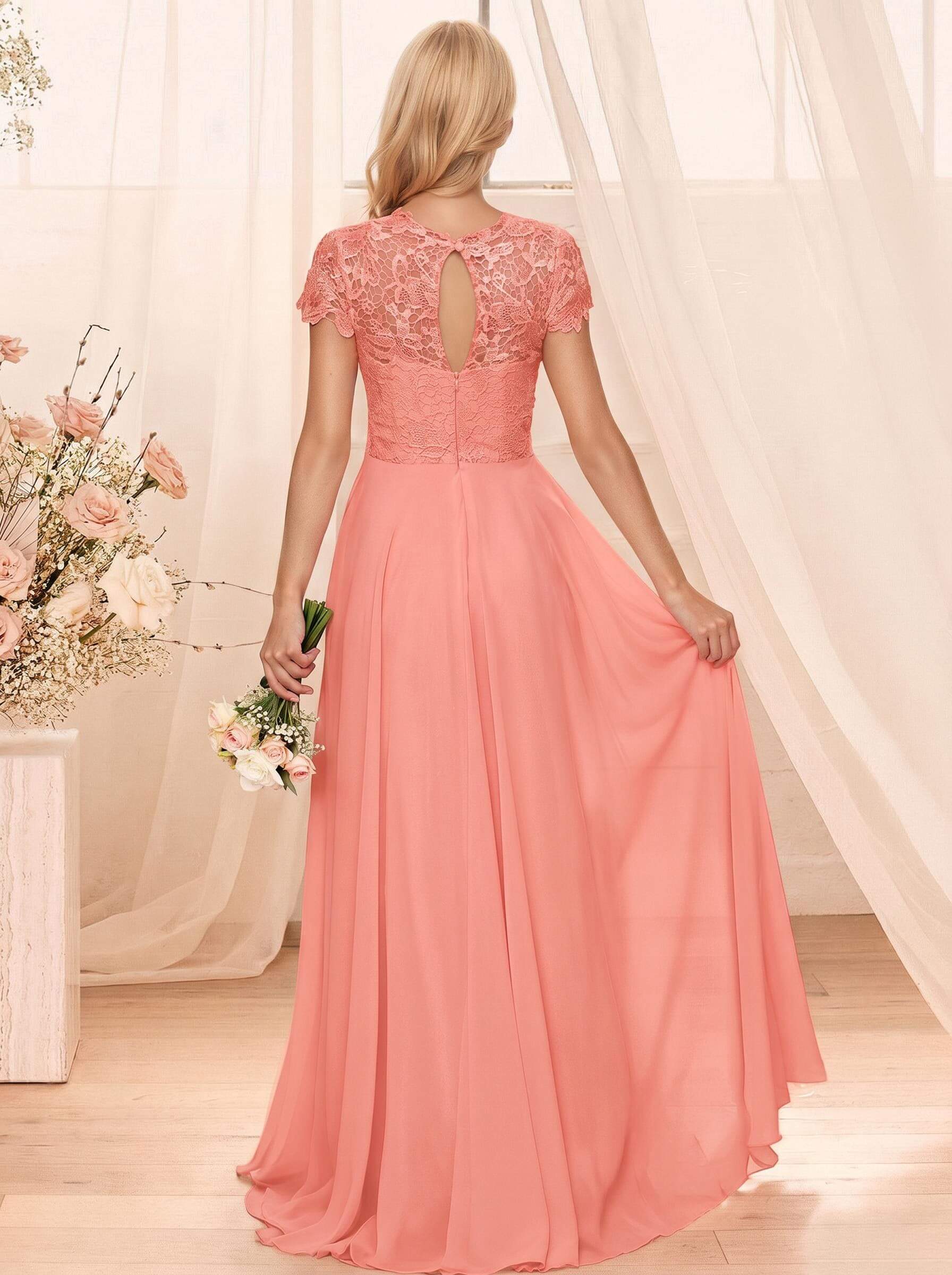 A-Line Scoop Neck Sleeveless Cap Straps Chiffon Floor-Length Bridesmaid Dresses With Lace, product image 48