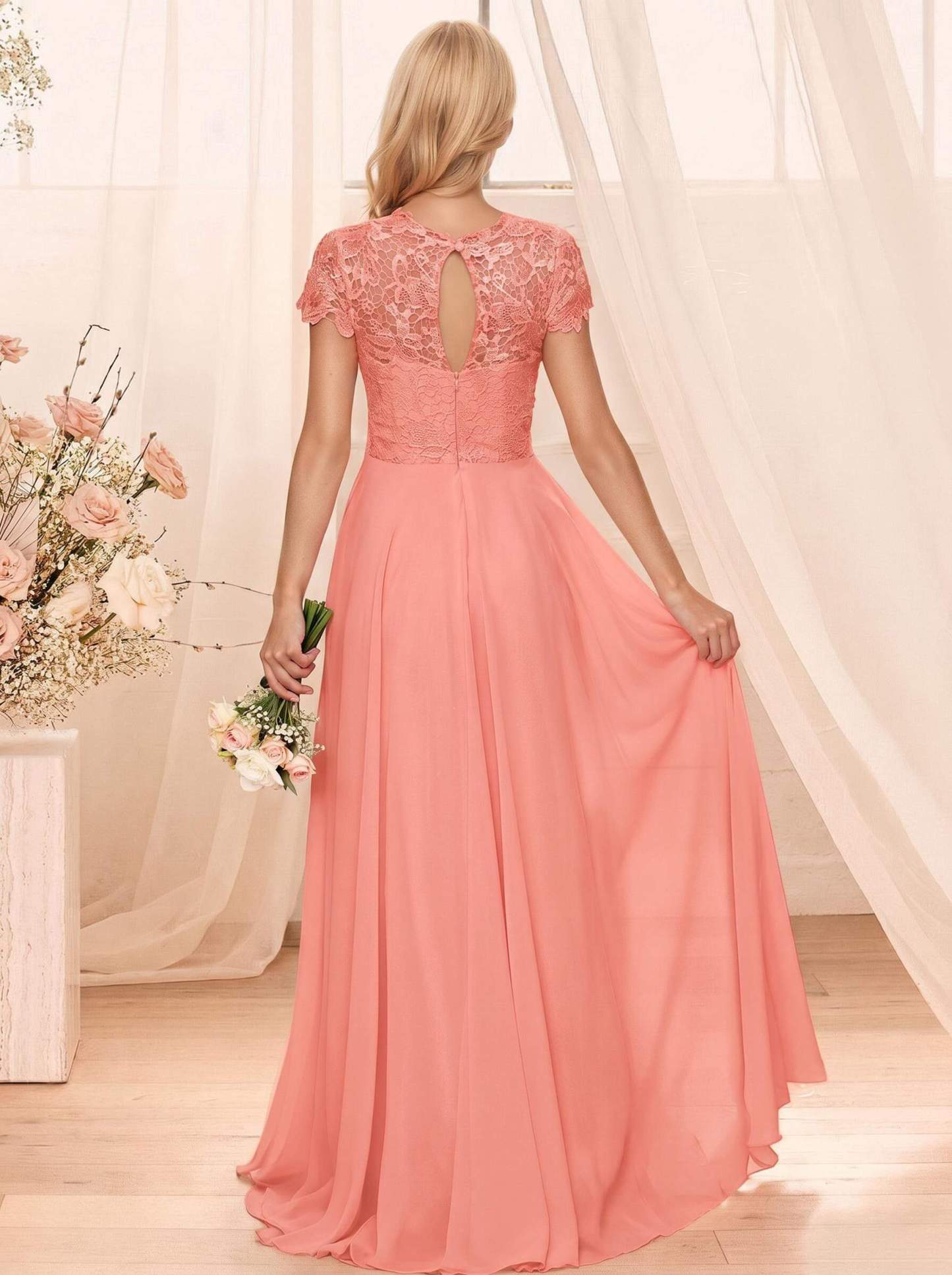 A-Line Scoop Neck Sleeveless Cap Straps Chiffon Floor-Length Bridesmaid Dresses With Lace, product image 48