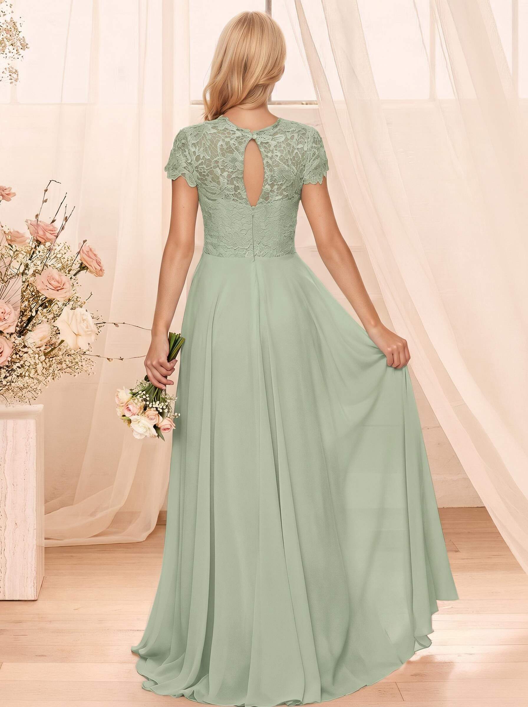 A-Line Scoop Neck Sleeveless Cap Straps Chiffon Floor-Length Bridesmaid Dresses With Lace, product image 88