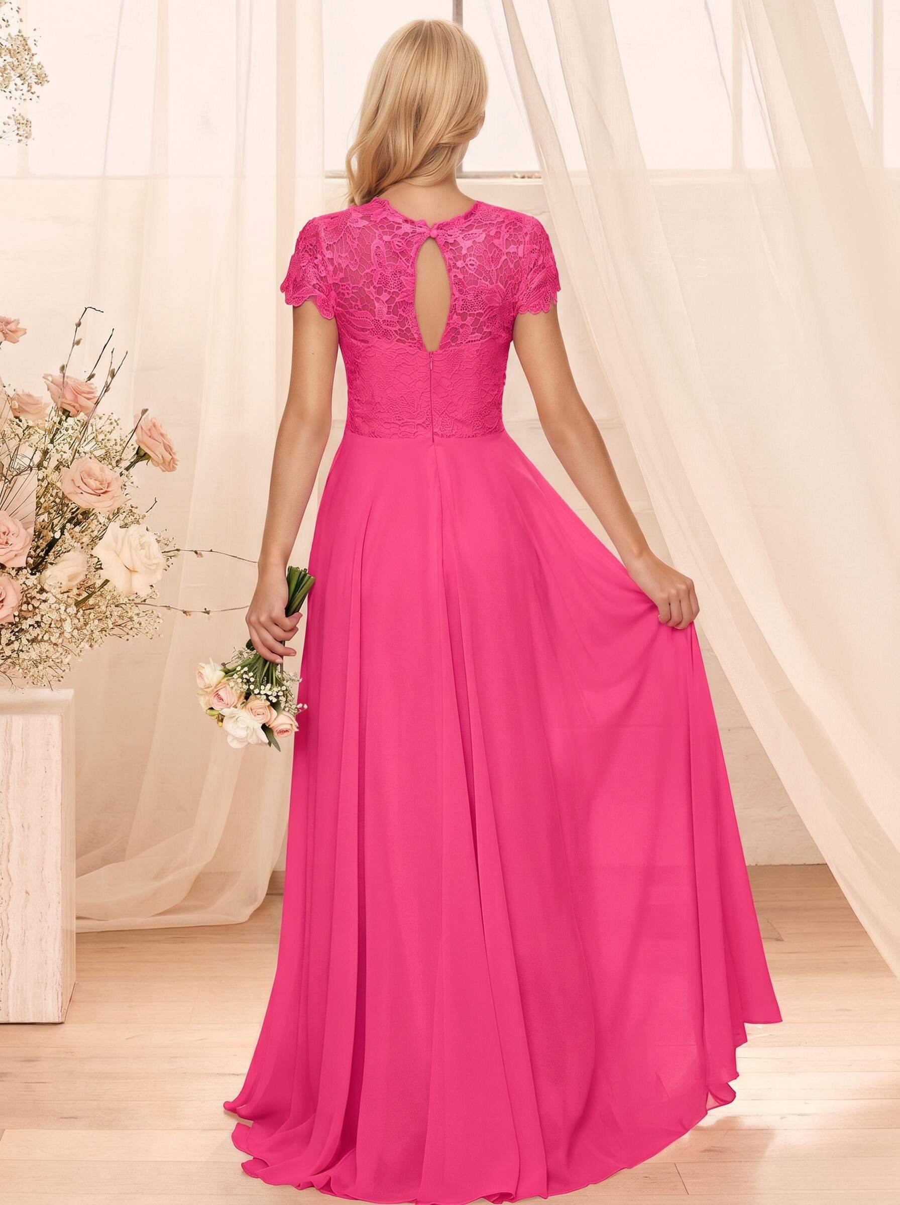 A-Line Scoop Neck Sleeveless Cap Straps Chiffon Floor-Length Bridesmaid Dresses With Lace, product image 74