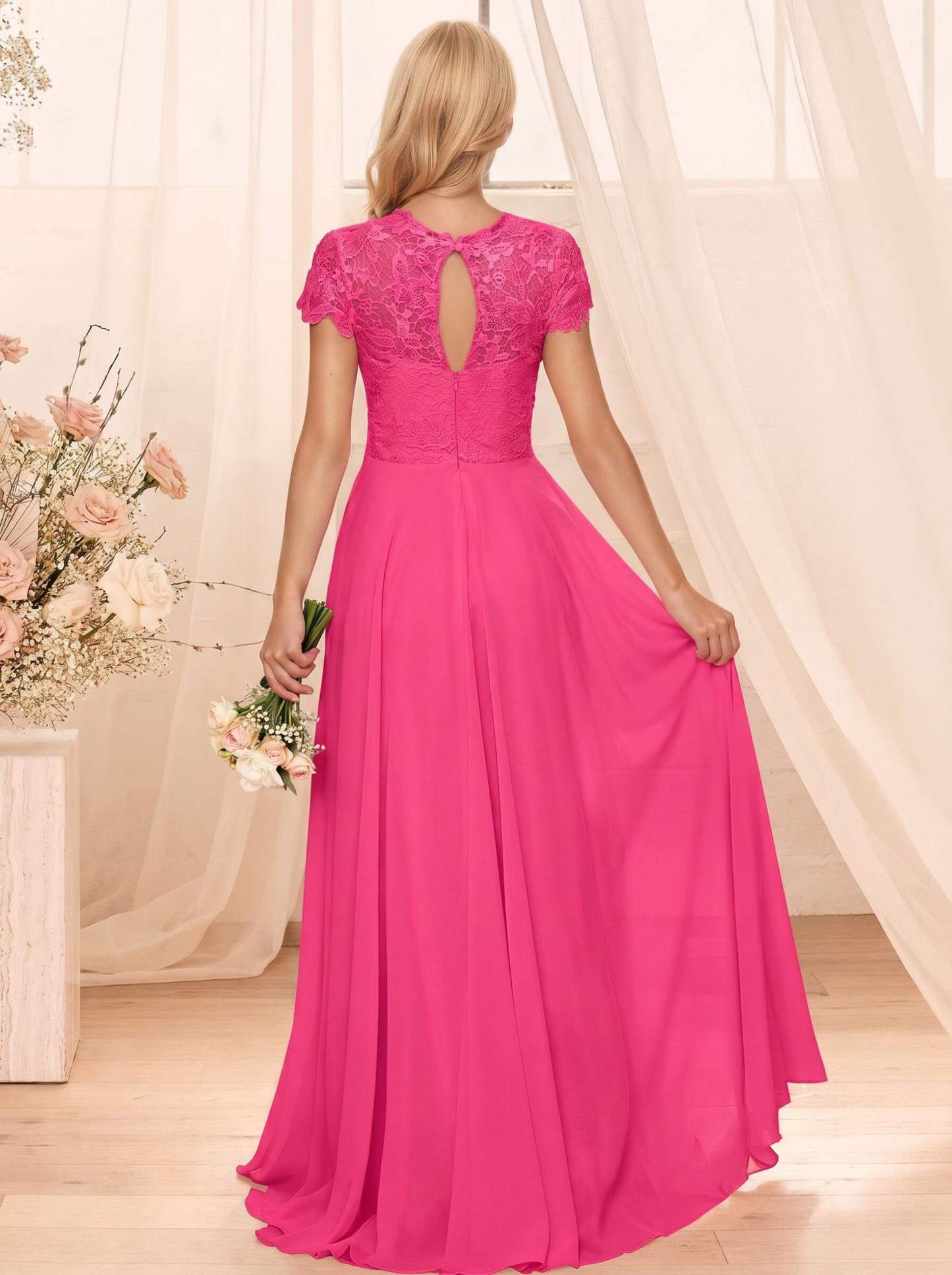 A-Line Scoop Neck Sleeveless Cap Straps Chiffon Floor-Length Bridesmaid Dresses With Lace, product image 74