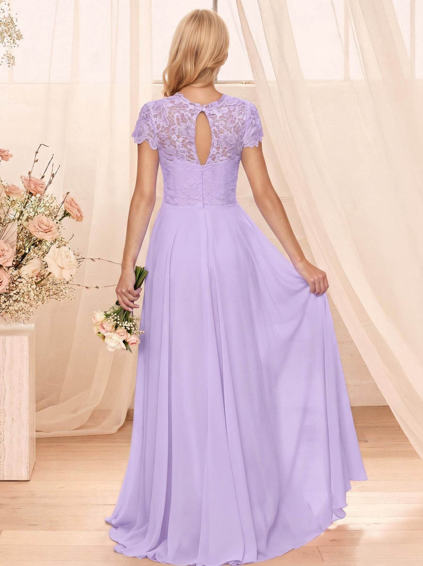 A-Line Scoop Neck Sleeveless Cap Straps Chiffon Floor-Length Bridesmaid Dresses With Lace, product image 62