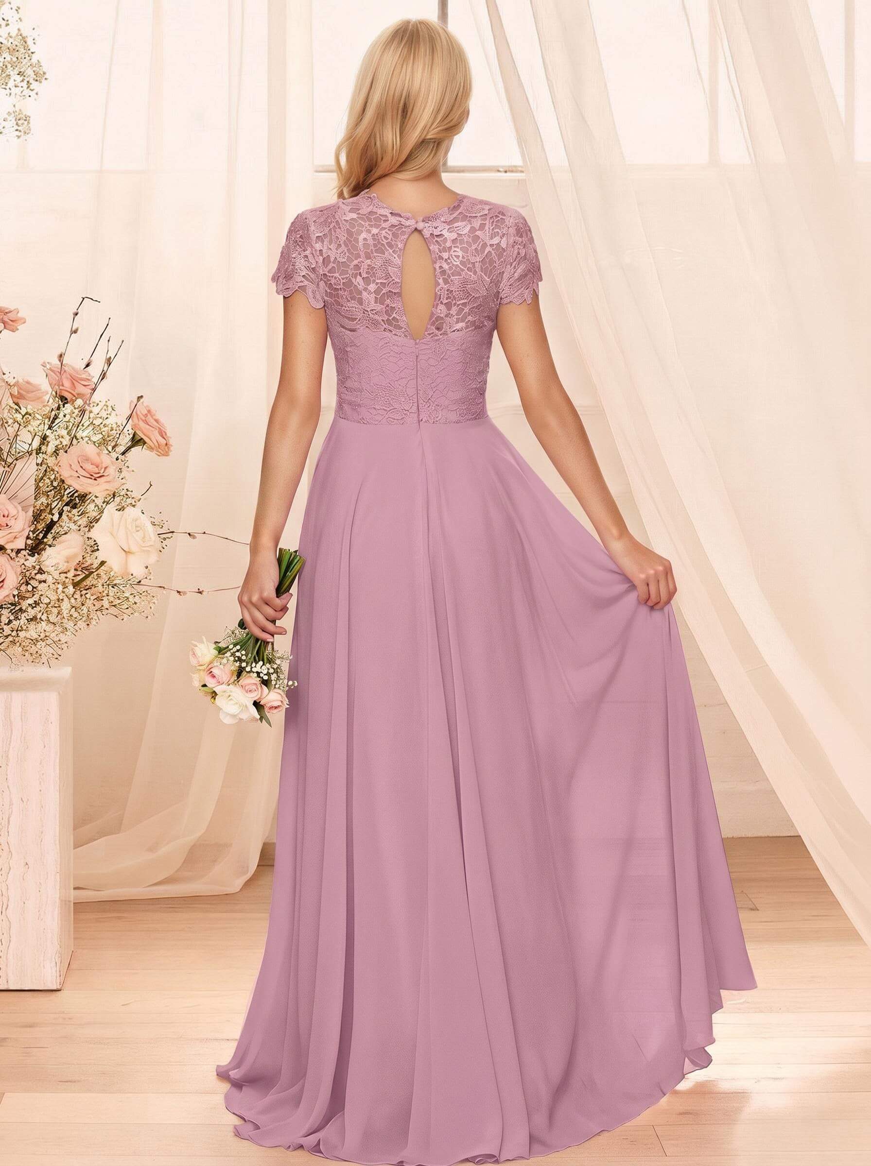 A-Line Scoop Neck Sleeveless Cap Straps Chiffon Floor-Length Bridesmaid Dresses With Lace, product image 60