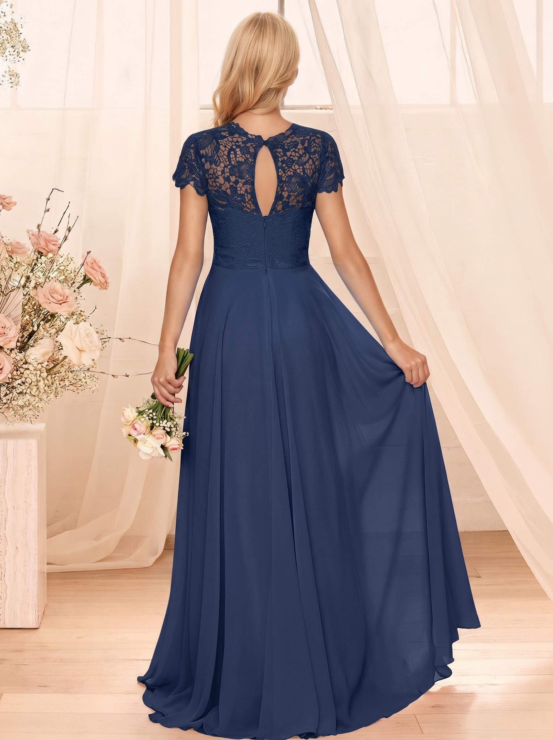 A-Line Scoop Neck Sleeveless Cap Straps Chiffon Floor-Length Bridesmaid Dresses With Lace, product image 6