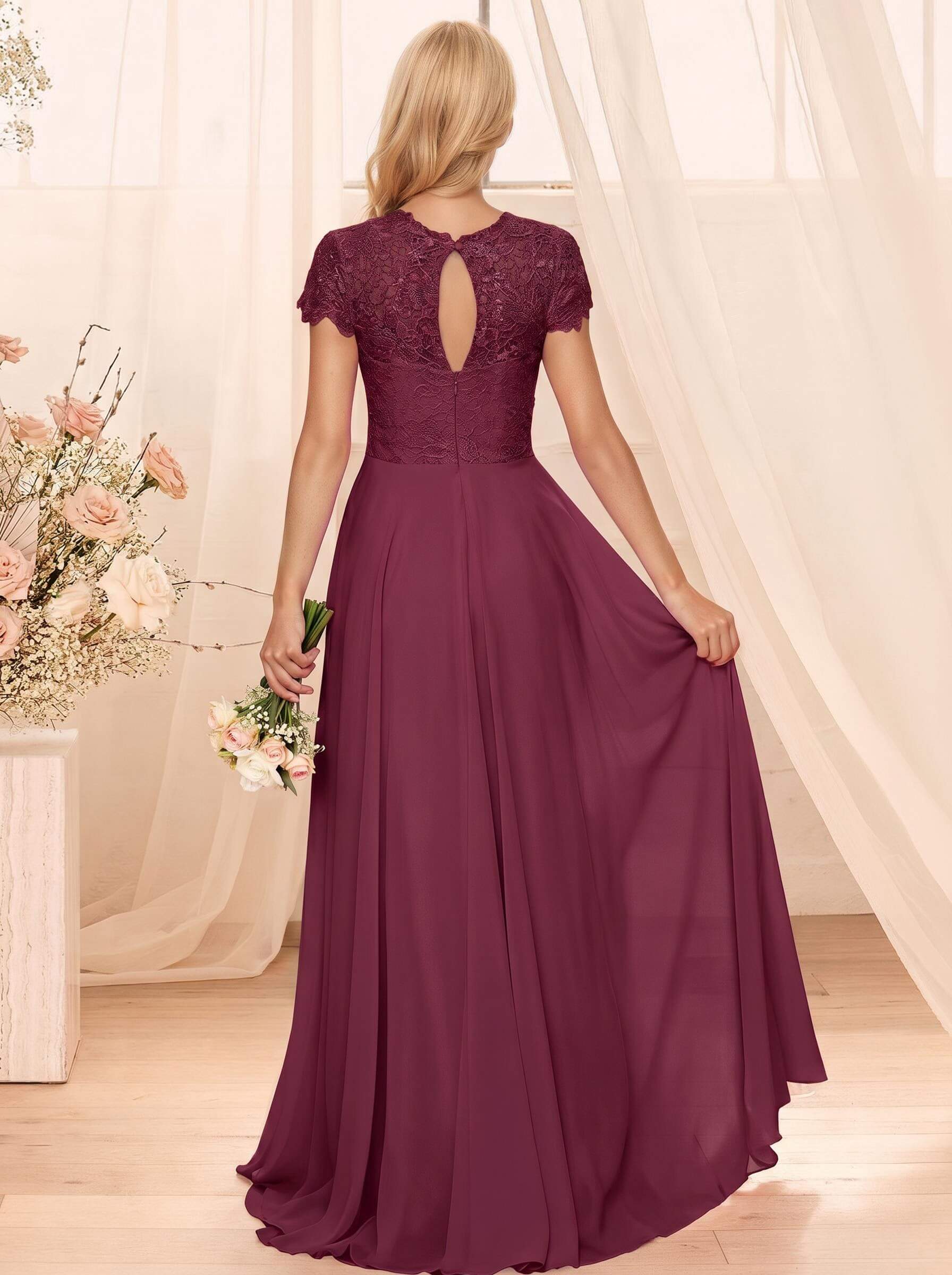 A-Line Scoop Neck Sleeveless Cap Straps Chiffon Floor-Length Bridesmaid Dresses With Lace, product image 34
