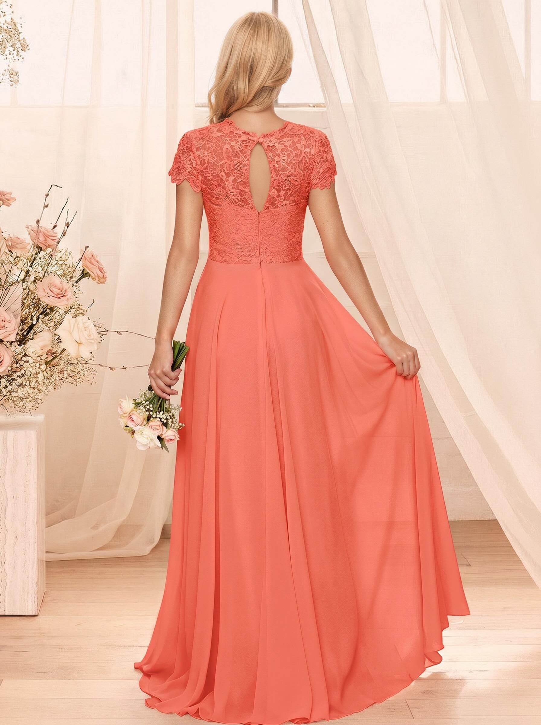A-Line Scoop Neck Sleeveless Cap Straps Chiffon Floor-Length Bridesmaid Dresses With Lace, product image 106