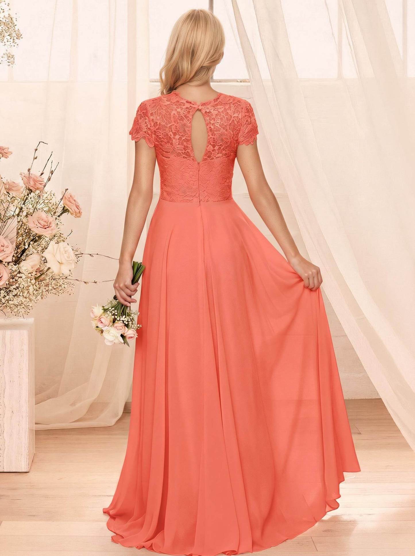 A-Line Scoop Neck Sleeveless Cap Straps Chiffon Floor-Length Bridesmaid Dresses With Lace, product image 106