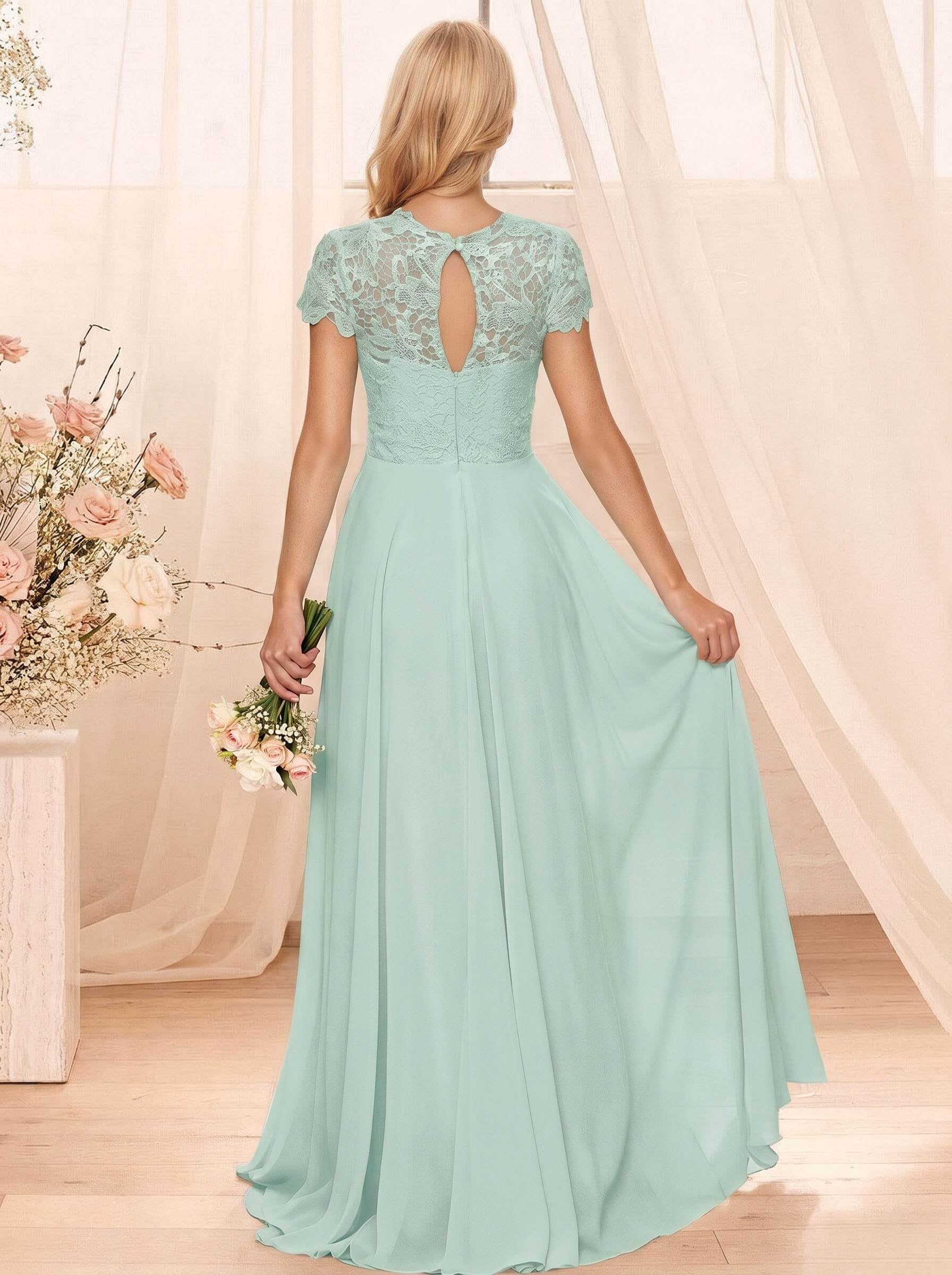 A-Line Scoop Neck Sleeveless Cap Straps Chiffon Floor-Length Bridesmaid Dresses With Lace, product image 90