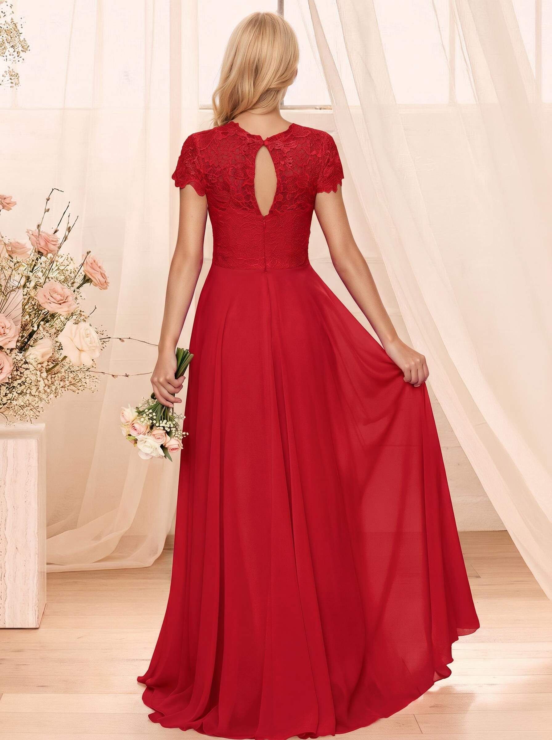 A-Line Scoop Neck Sleeveless Cap Straps Chiffon Floor-Length Bridesmaid Dresses With Lace, product image 36