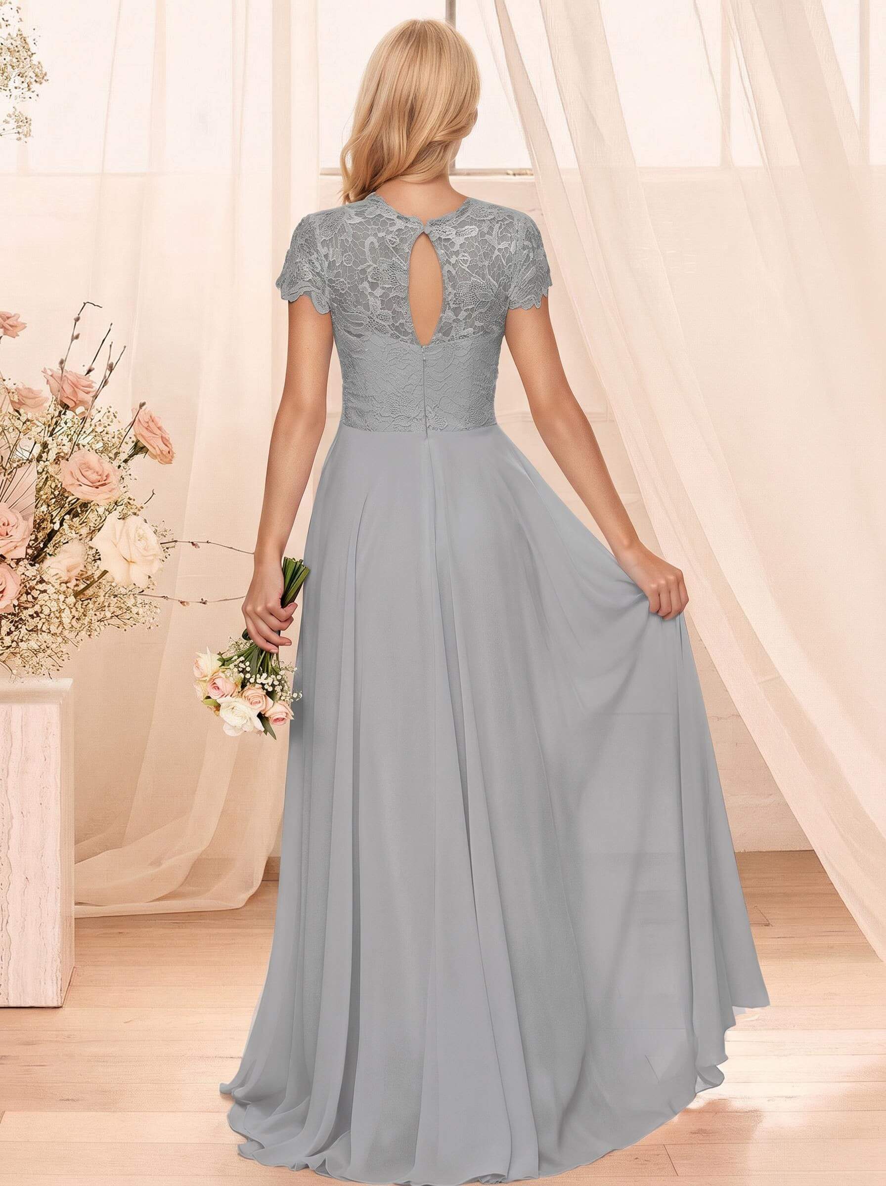 A-Line Scoop Neck Sleeveless Cap Straps Chiffon Floor-Length Bridesmaid Dresses With Lace, product image 114