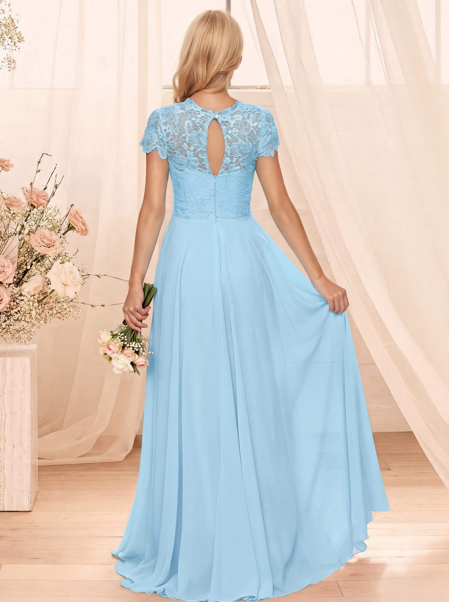 A-Line Scoop Neck Sleeveless Cap Straps Chiffon Floor-Length Bridesmaid Dresses With Lace, product image 24