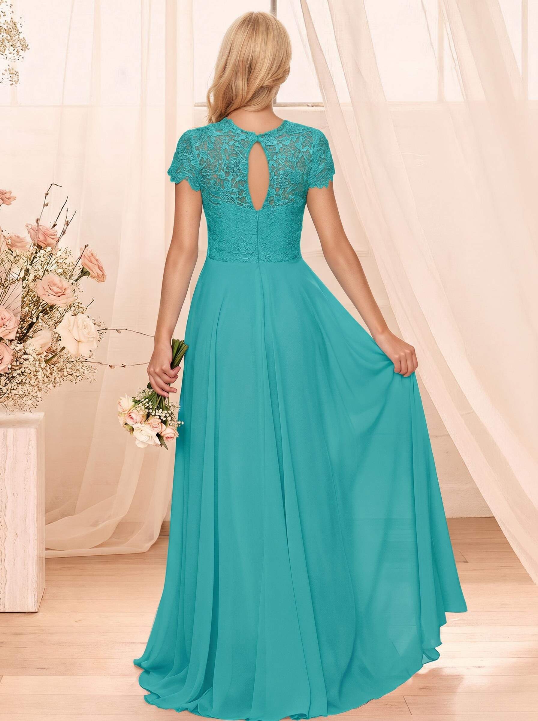 A-Line Scoop Neck Sleeveless Cap Straps Chiffon Floor-Length Bridesmaid Dresses With Lace, product image 136