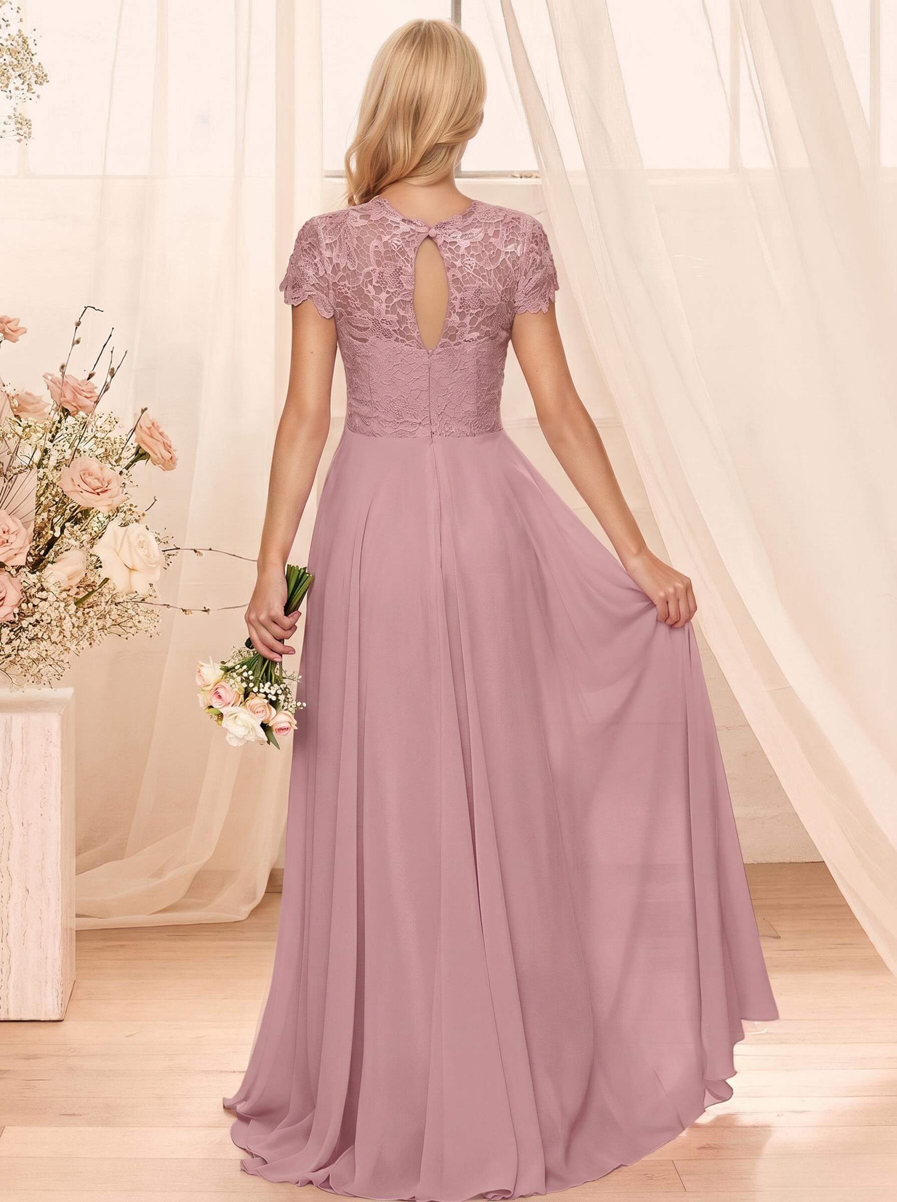 A-Line Scoop Neck Sleeveless Cap Straps Chiffon Floor-Length Bridesmaid Dresses With Lace, product image 58