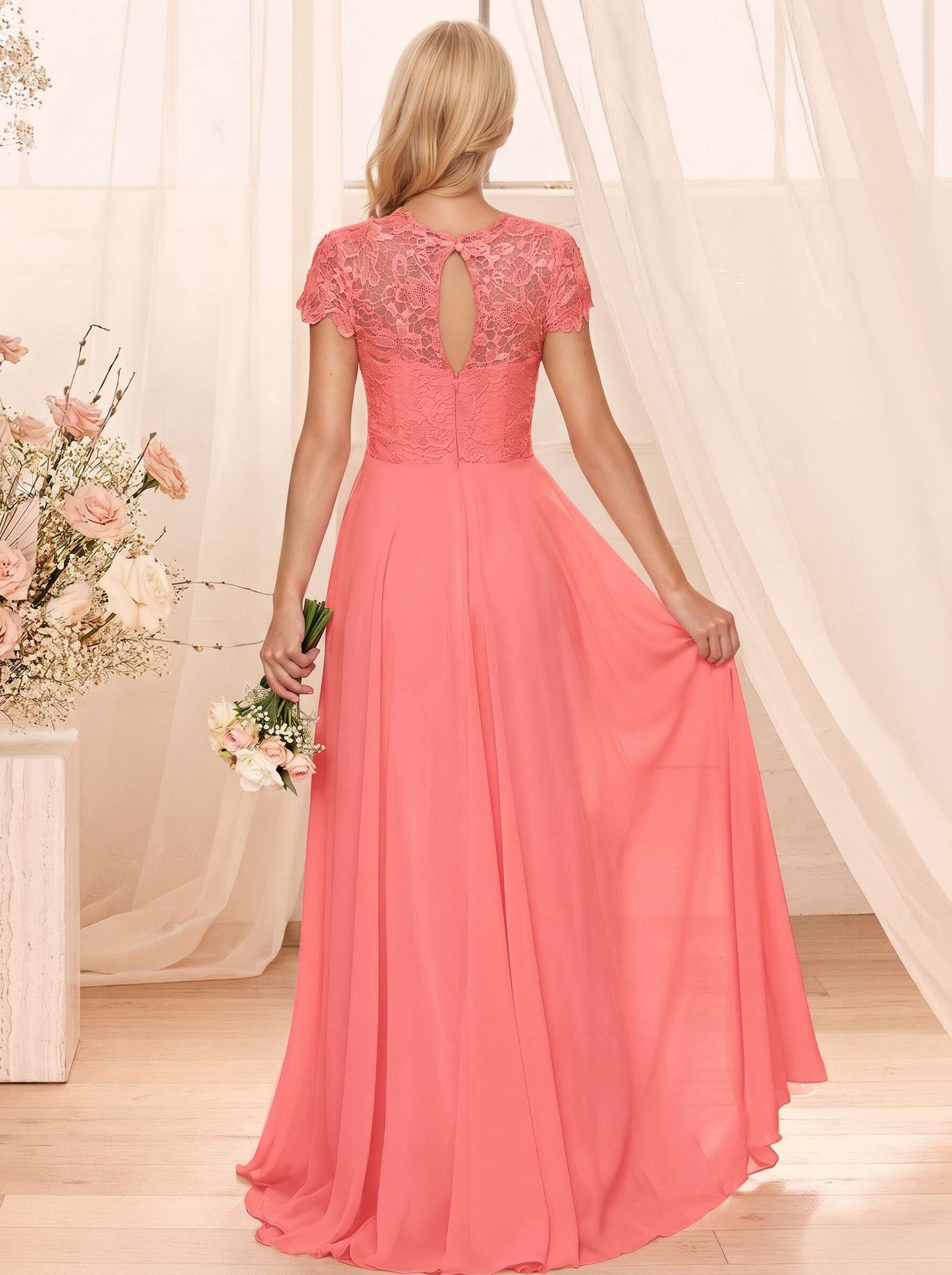 A-Line Scoop Neck Sleeveless Cap Straps Chiffon Floor-Length Bridesmaid Dresses With Lace, product image 40