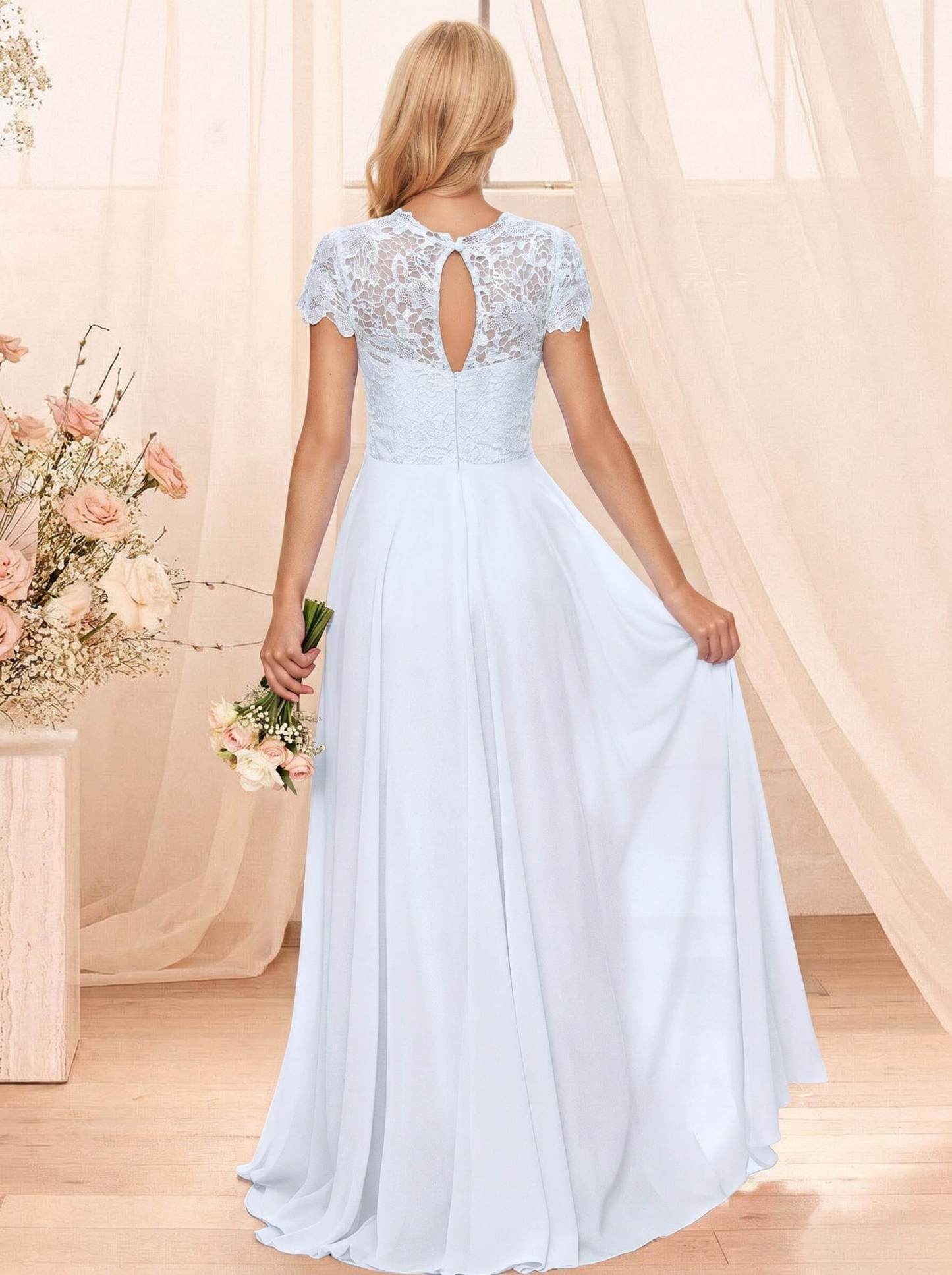 A-Line Scoop Neck Sleeveless Cap Straps Chiffon Floor-Length Bridesmaid Dresses With Lace, product image 112