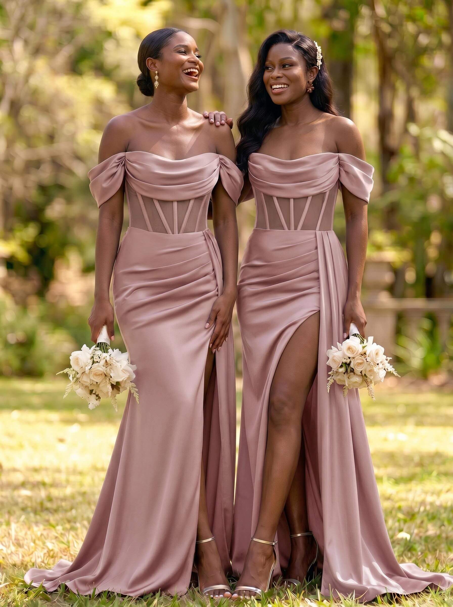 Flattering Illusion Corset Off-The-Shoulder Bridesmaid Dresses With Sweeping Side Drape, product image 3