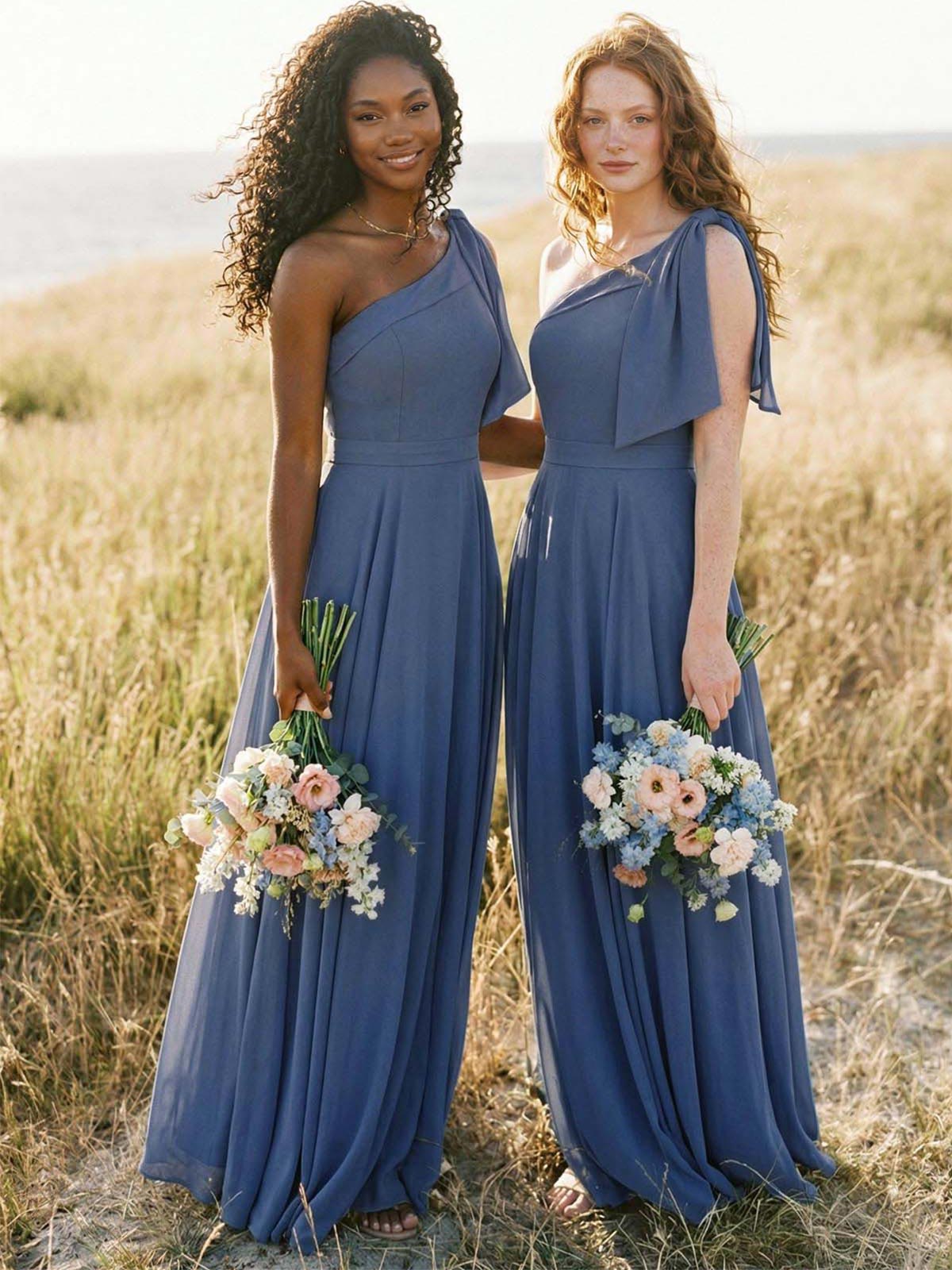 A-Line One-Shoulder Sleeveless Floor-Length Chiffon Bridesmaid Dresses With Bow(s)/Pockets, product image 1