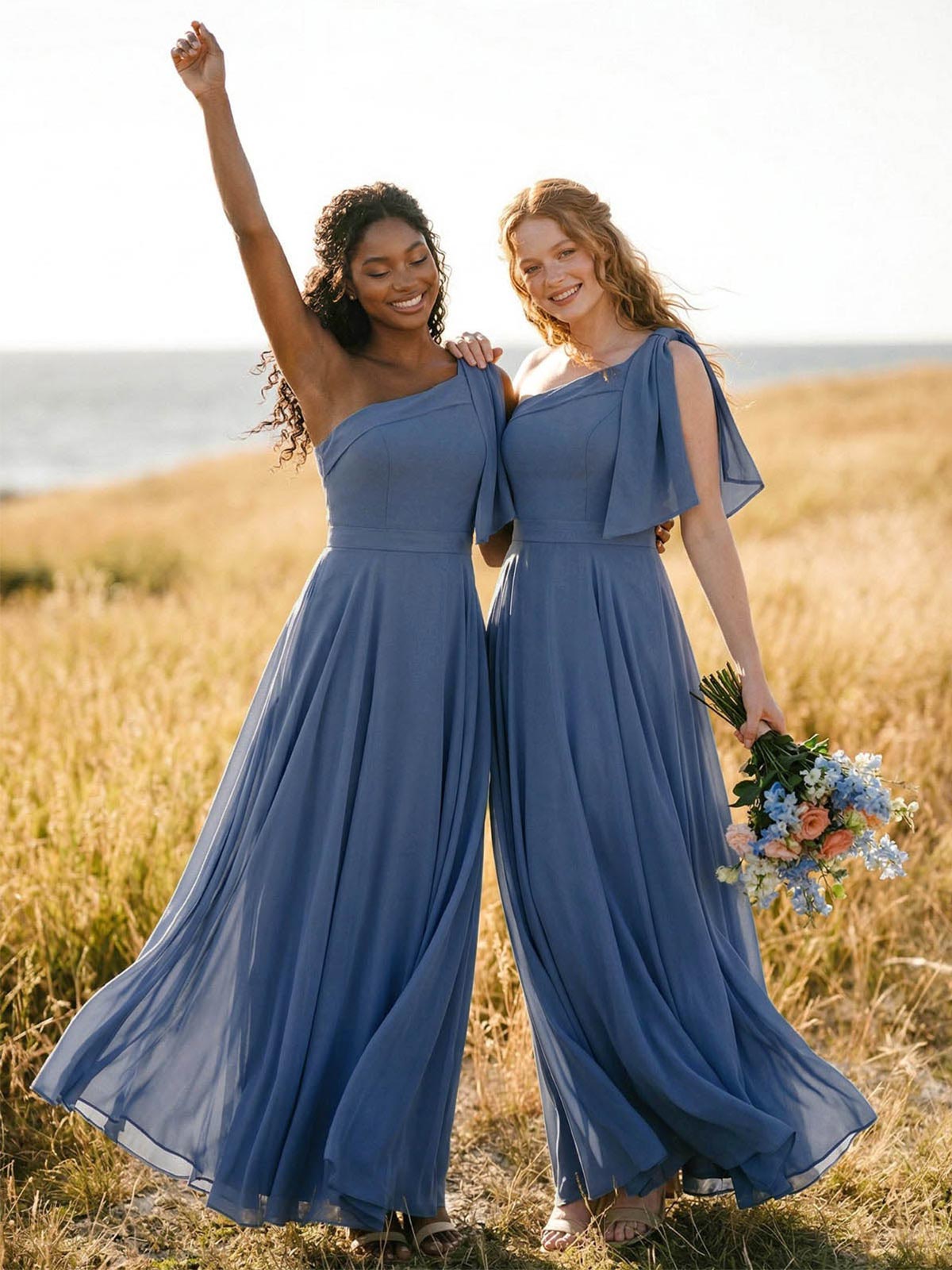 A-Line One-Shoulder Sleeveless Floor-Length Chiffon Bridesmaid Dresses With Bow(s)/Pockets, product image 3