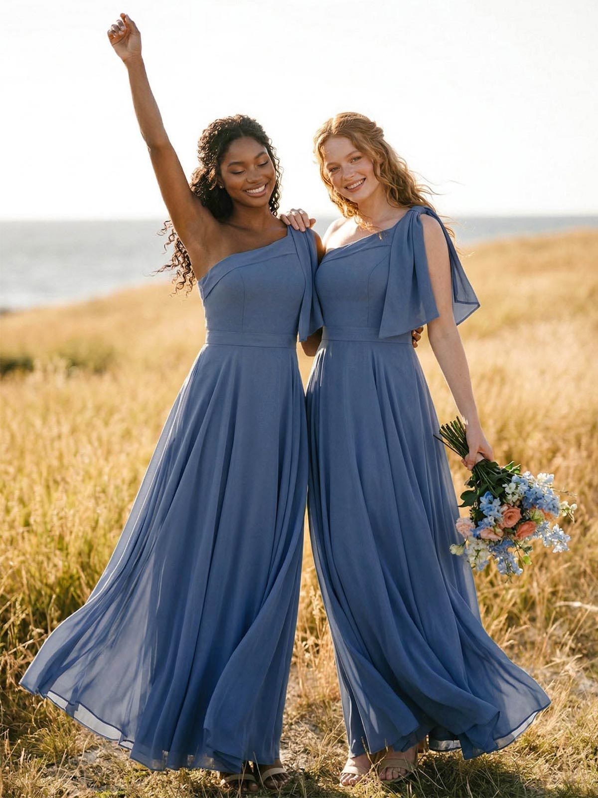 A-Line One-Shoulder Sleeveless Floor-Length Chiffon Bridesmaid Dresses With Bow(s)/Pockets, product image 3
