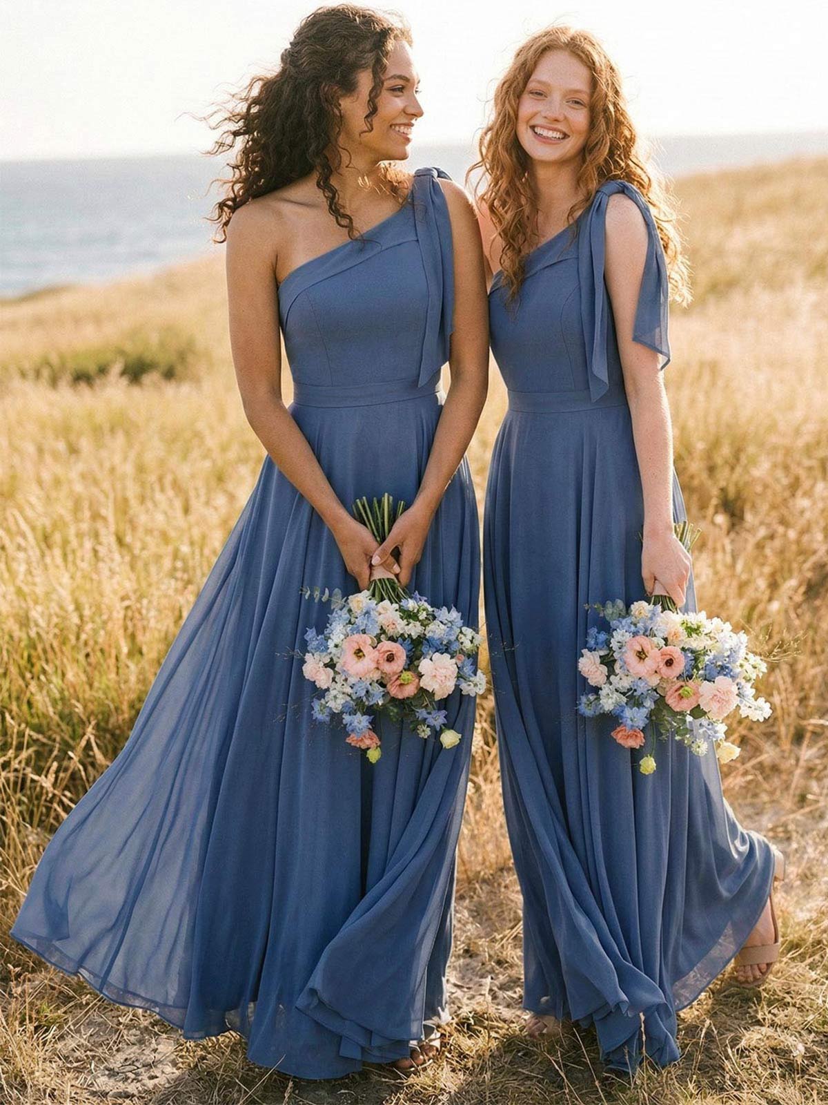 A-Line One-Shoulder Sleeveless Floor-Length Chiffon Bridesmaid Dresses With Bow(s)/Pockets, product image 4