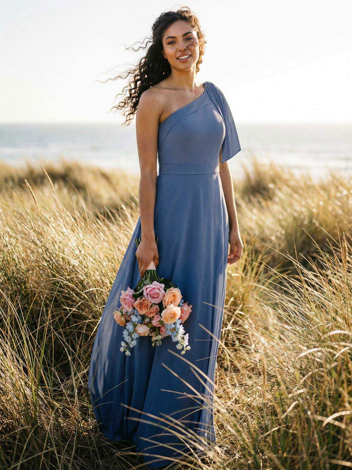 A-Line One-Shoulder Sleeveless Floor-Length Chiffon Bridesmaid Dresses With Bow(s)/Pockets, product image 5