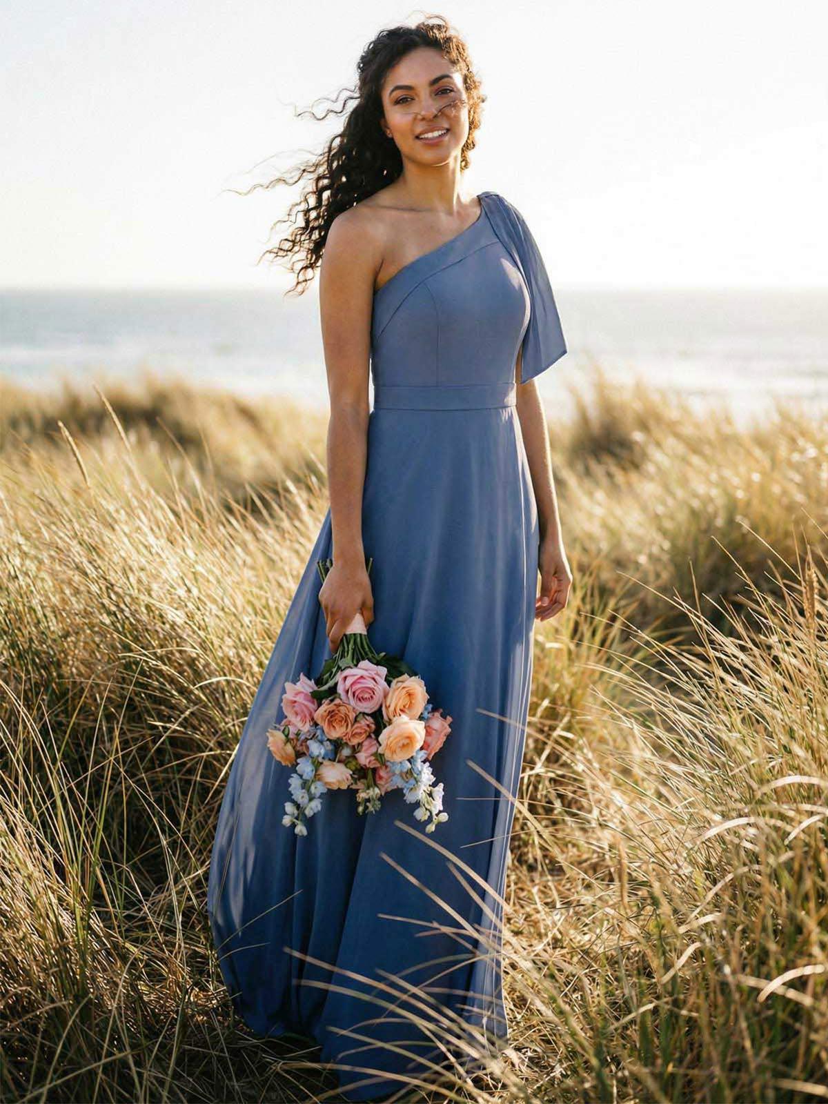 A-Line One-Shoulder Sleeveless Floor-Length Chiffon Bridesmaid Dresses With Bow(s)/Pockets, product image 5
