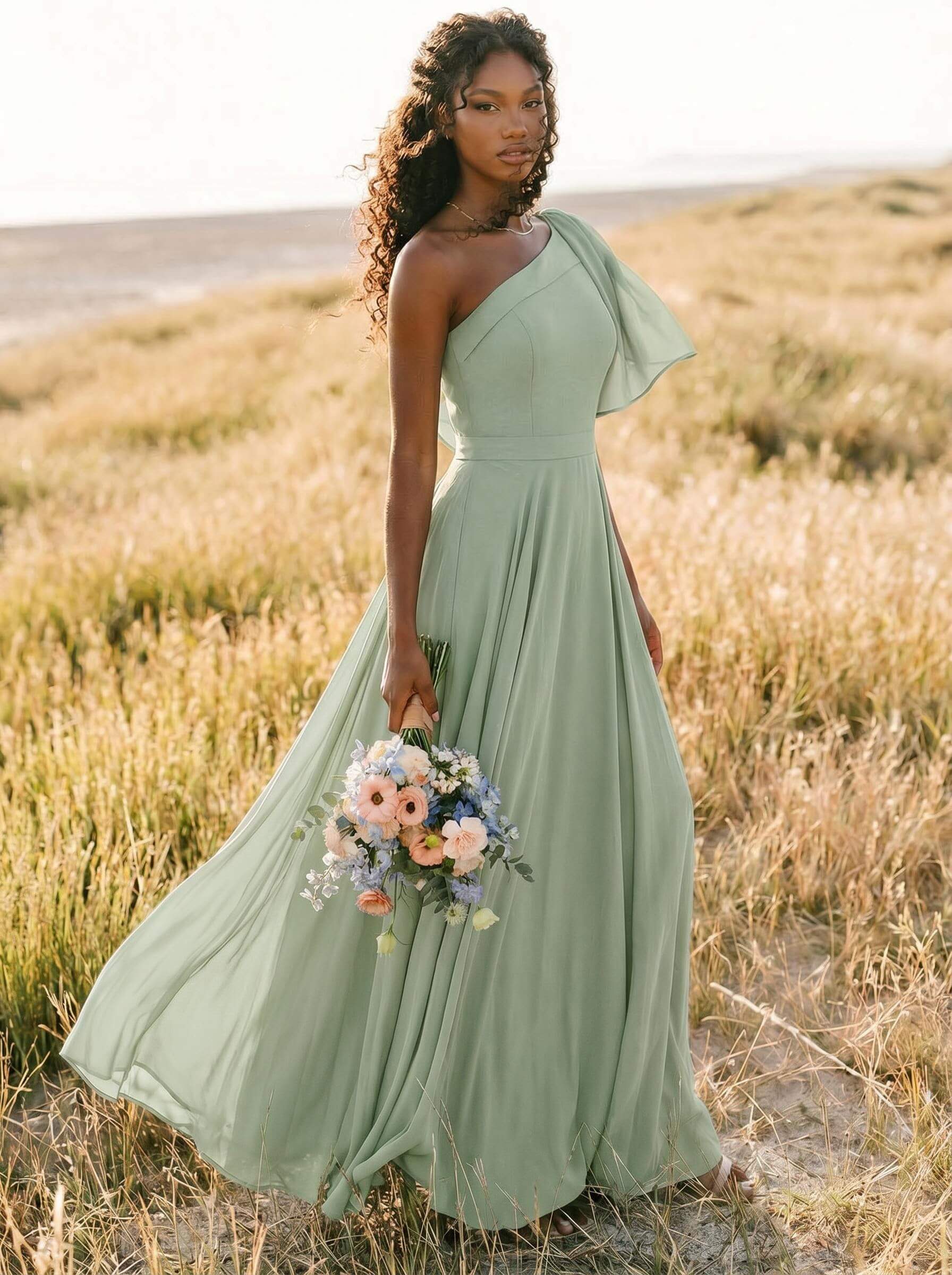 A-Line One-Shoulder Sleeveless Floor-Length Chiffon Bridesmaid Dresses With Bow(s)/Pockets, product image 226
