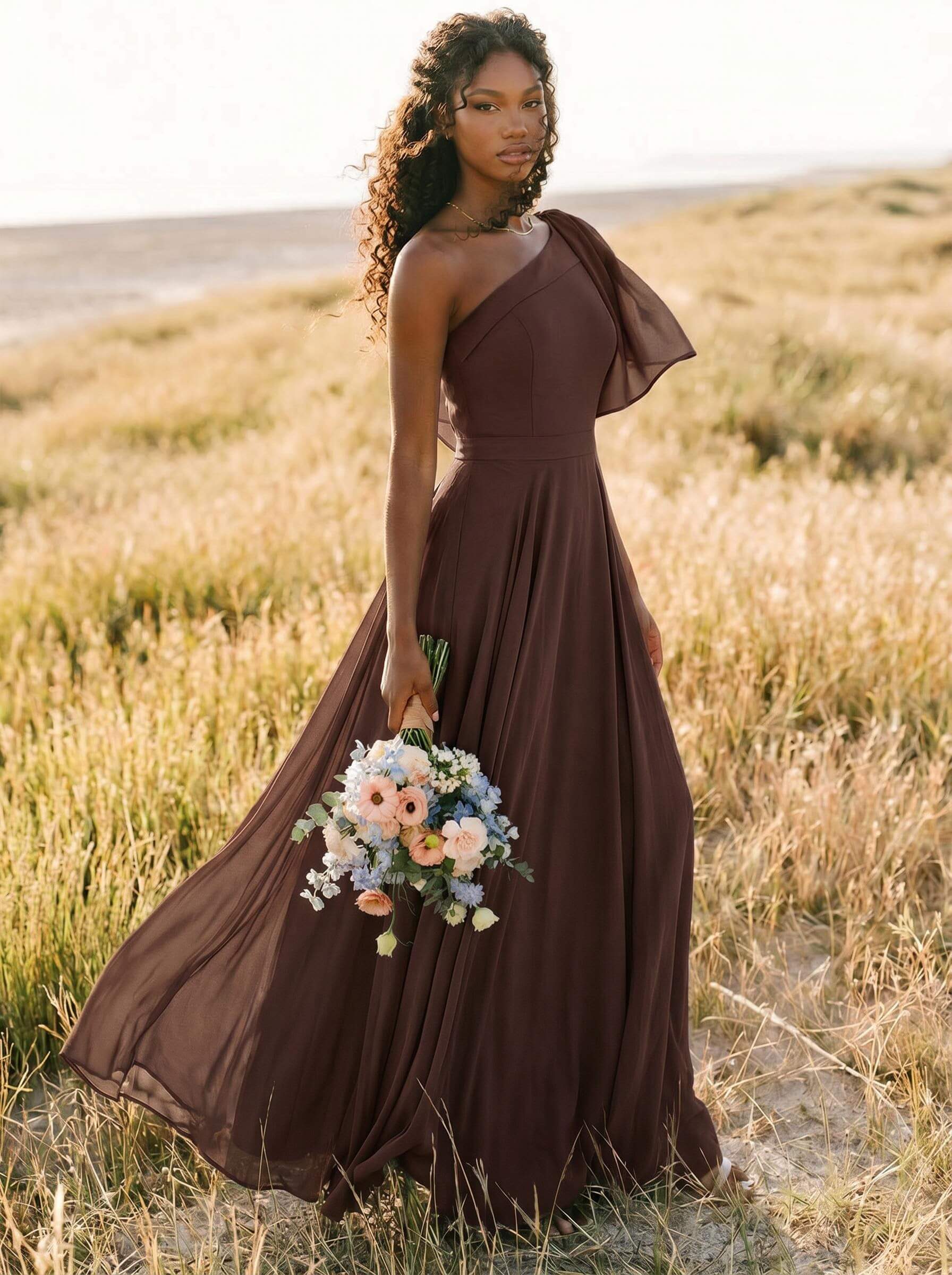 A-Line One-Shoulder Sleeveless Floor-Length Chiffon Bridesmaid Dresses With Bow(s)/Pockets, product image 246
