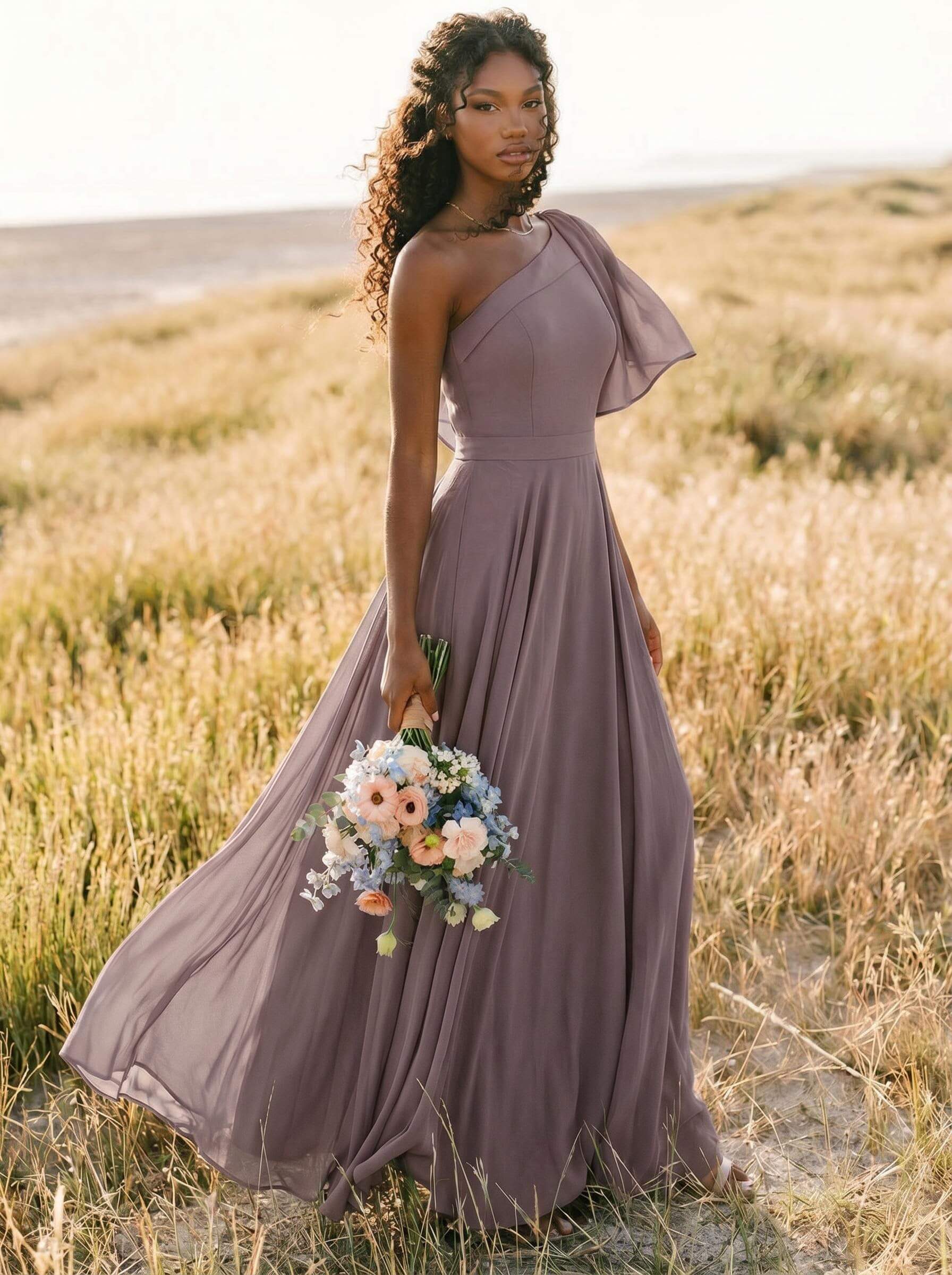 A-Line One-Shoulder Sleeveless Floor-Length Chiffon Bridesmaid Dresses With Bow(s)/Pockets, product image 192
