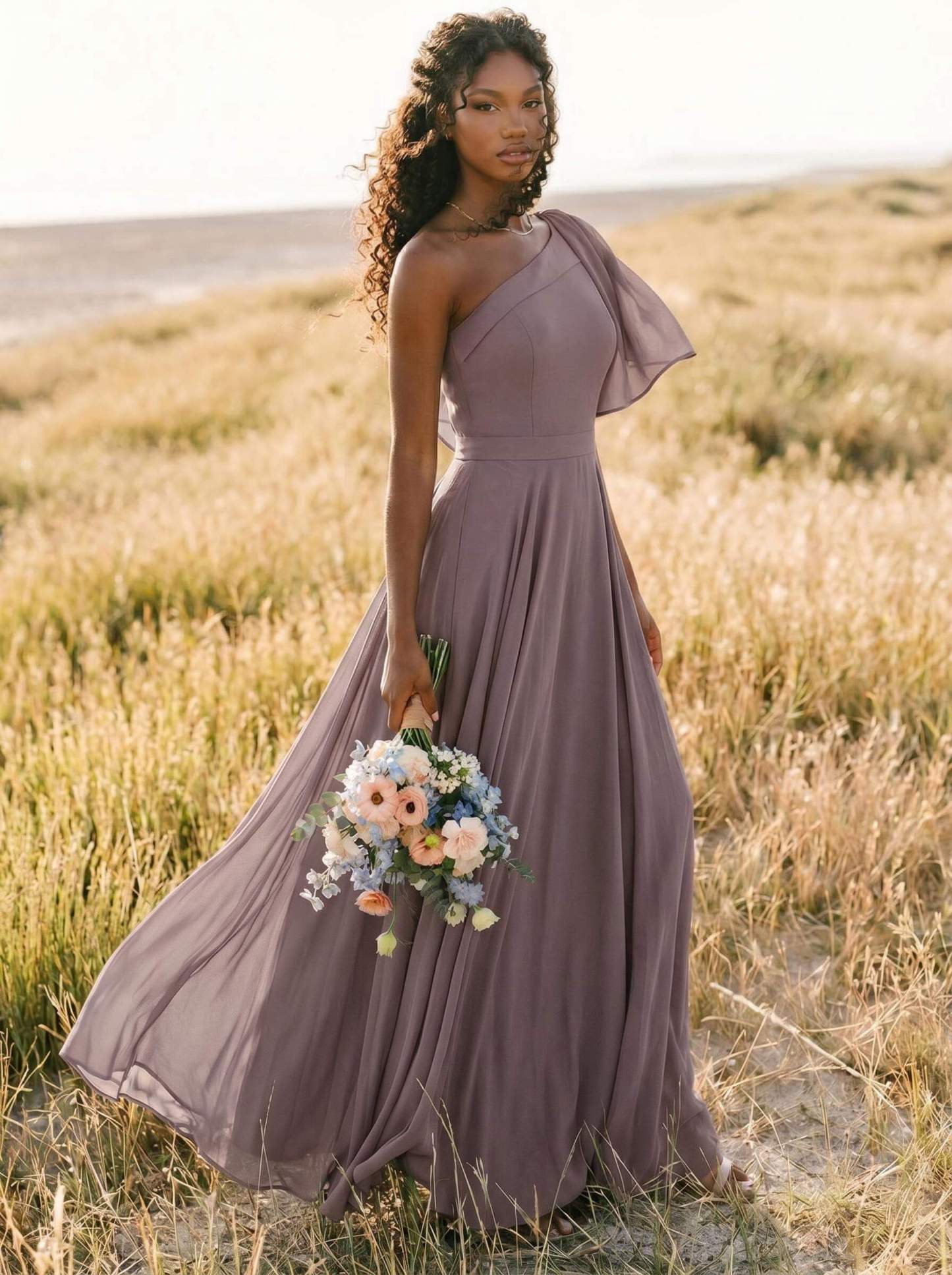 A-Line One-Shoulder Sleeveless Floor-Length Chiffon Bridesmaid Dresses With Bow(s)/Pockets, product image 192