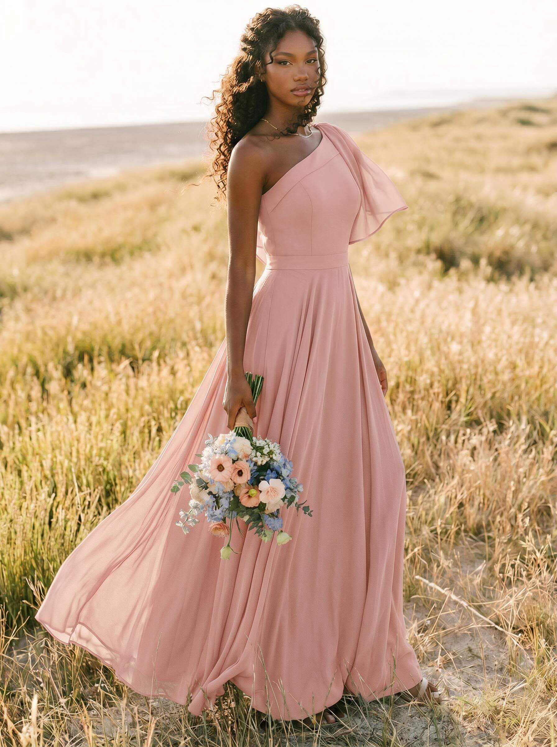 A-Line One-Shoulder Sleeveless Floor-Length Chiffon Bridesmaid Dresses With Bow(s)/Pockets, product image 178
