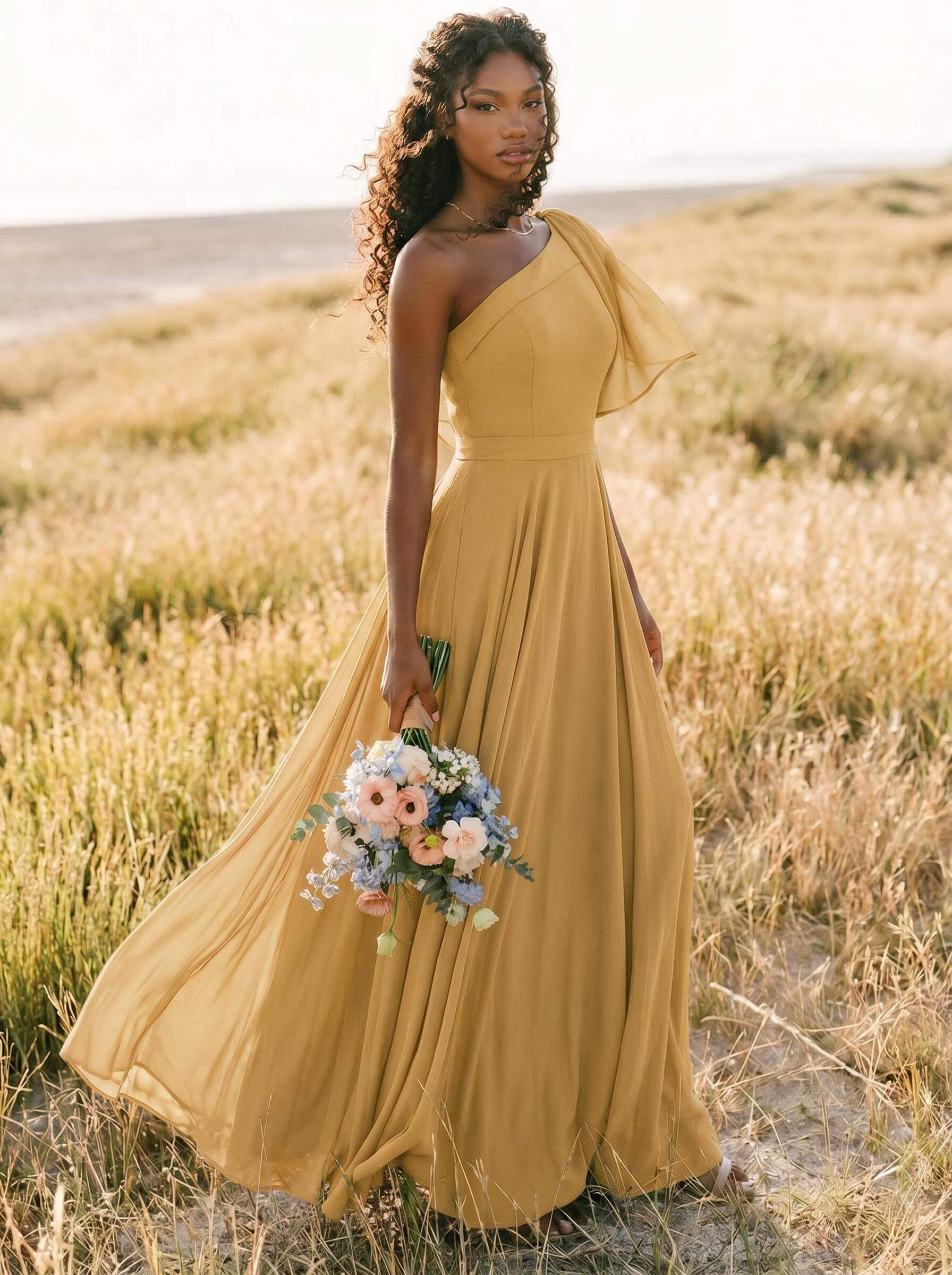 A-Line One-Shoulder Sleeveless Floor-Length Chiffon Bridesmaid Dresses With Bow(s)/Pockets, product image 240