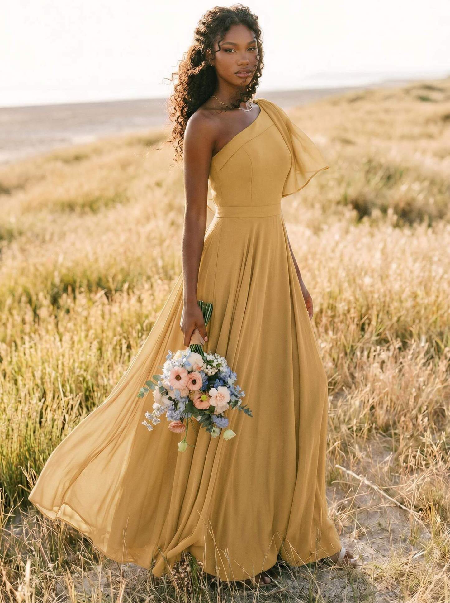 A-Line One-Shoulder Sleeveless Floor-Length Chiffon Bridesmaid Dresses With Bow(s)/Pockets, product image 240