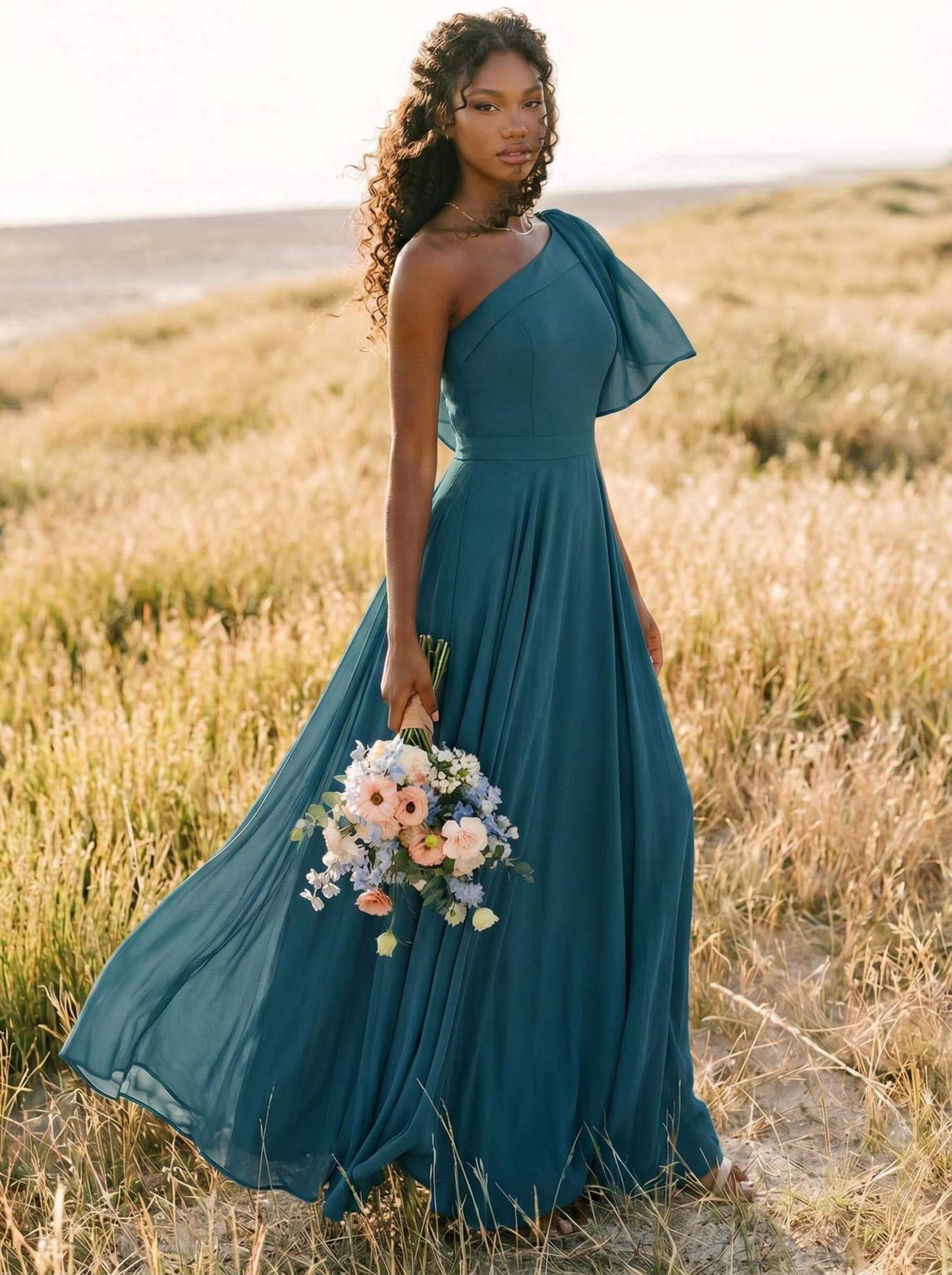 A-Line One-Shoulder Sleeveless Floor-Length Chiffon Bridesmaid Dresses With Bow(s)/Pockets, product image 150