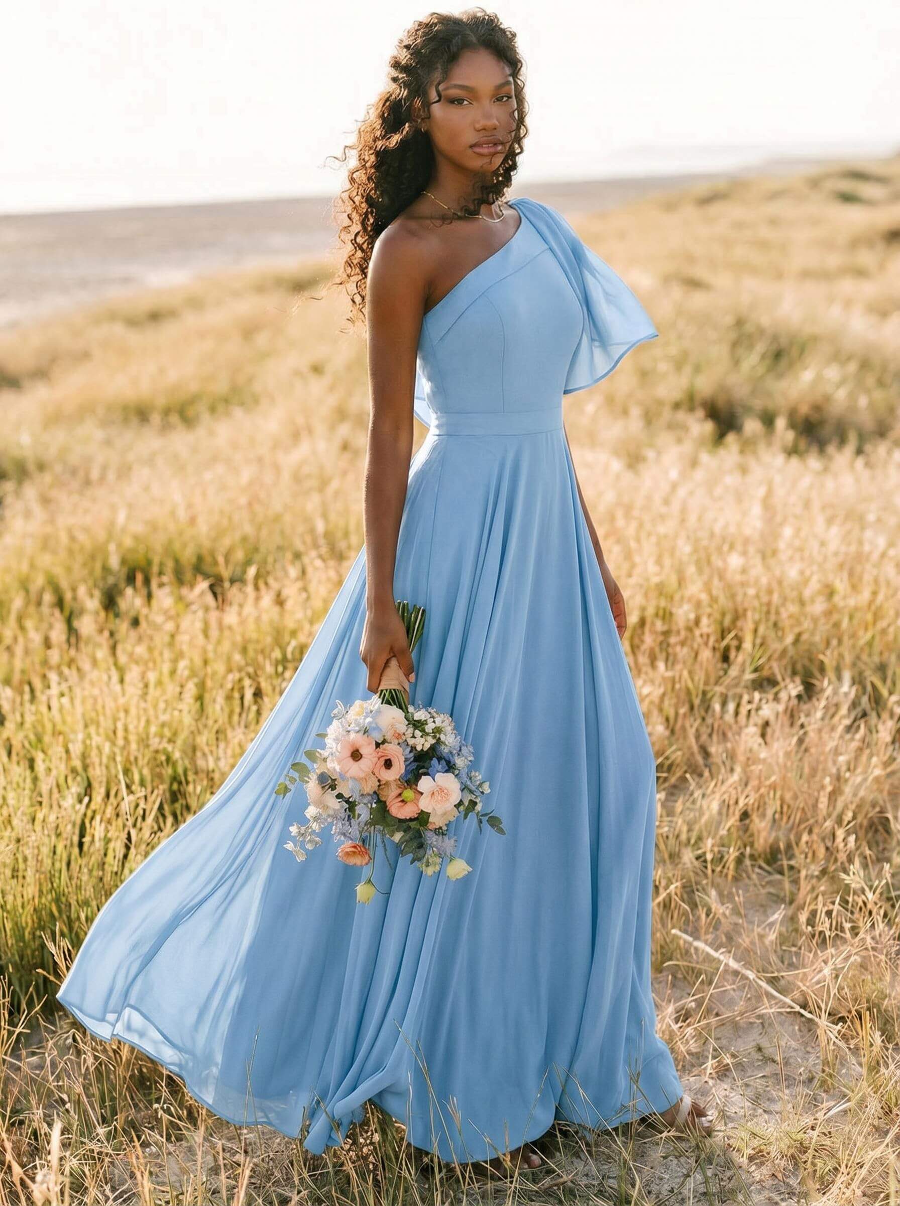 A-Line One-Shoulder Sleeveless Floor-Length Chiffon Bridesmaid Dresses With Bow(s)/Pockets, product image 158