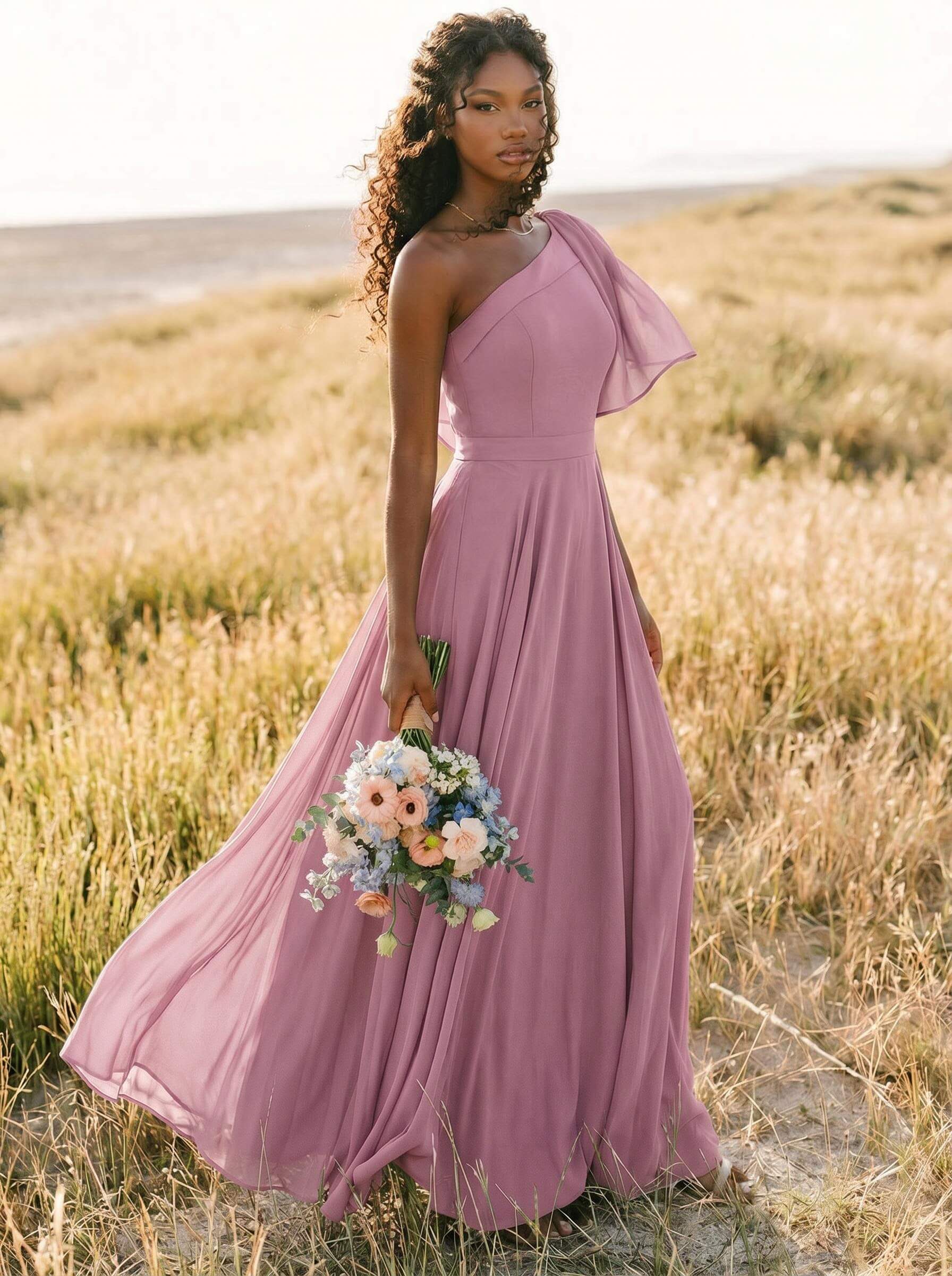 A-Line One-Shoulder Sleeveless Floor-Length Chiffon Bridesmaid Dresses With Bow(s)/Pockets, product image 198