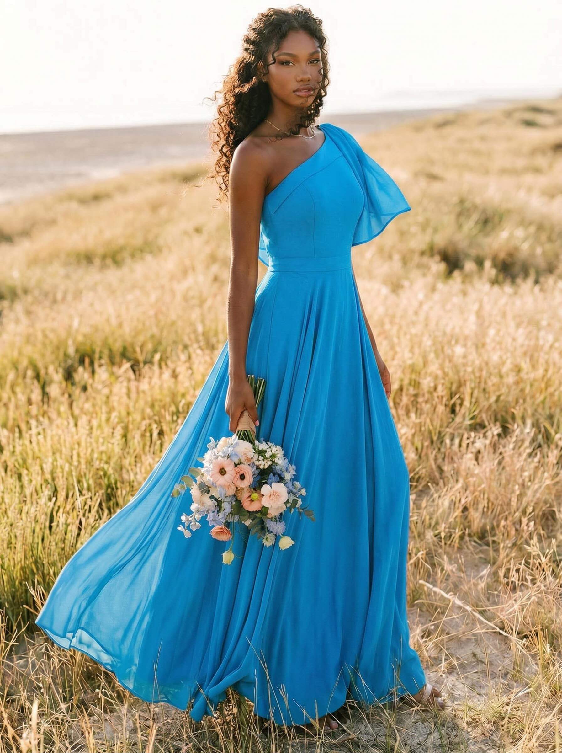 A-Line One-Shoulder Sleeveless Floor-Length Chiffon Bridesmaid Dresses With Bow(s)/Pockets, product image 154