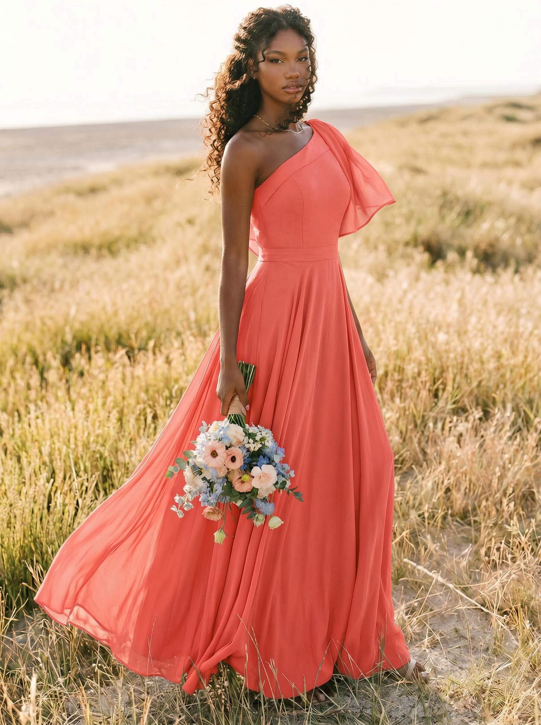 A-Line One-Shoulder Sleeveless Floor-Length Chiffon Bridesmaid Dresses With Bow(s)/Pockets, product image 244