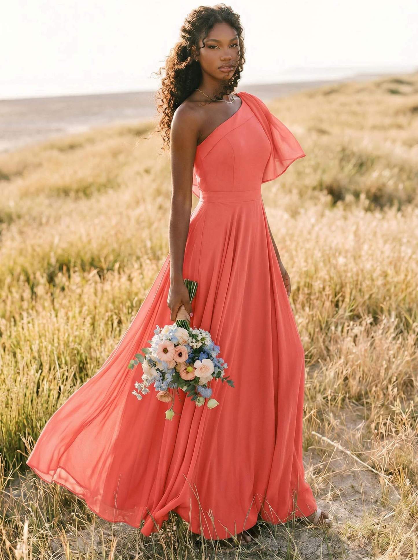 A-Line One-Shoulder Sleeveless Floor-Length Chiffon Bridesmaid Dresses With Bow(s)/Pockets, product image 244