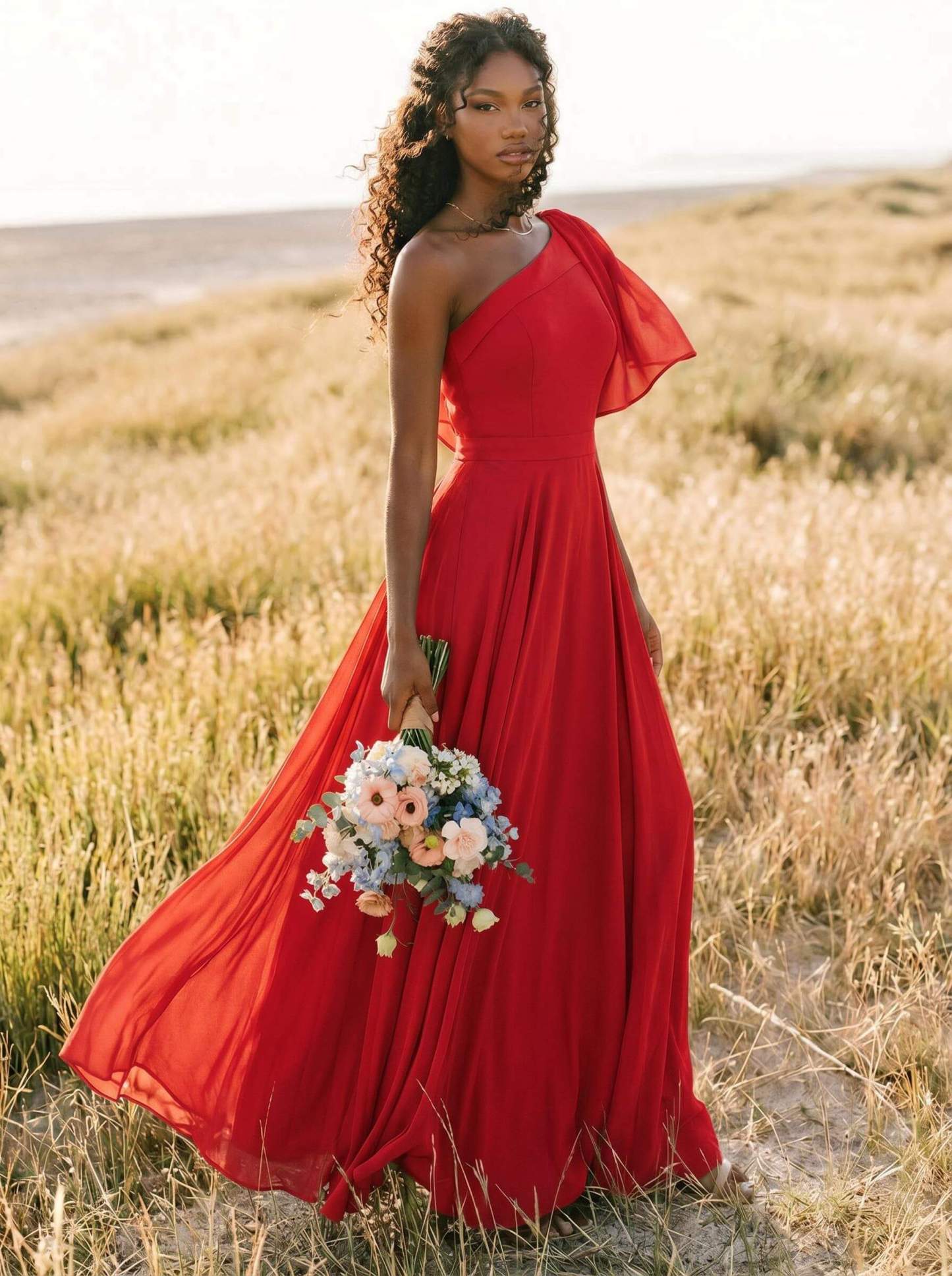 A-Line One-Shoulder Sleeveless Floor-Length Chiffon Bridesmaid Dresses With Bow(s)/Pockets, product image 172