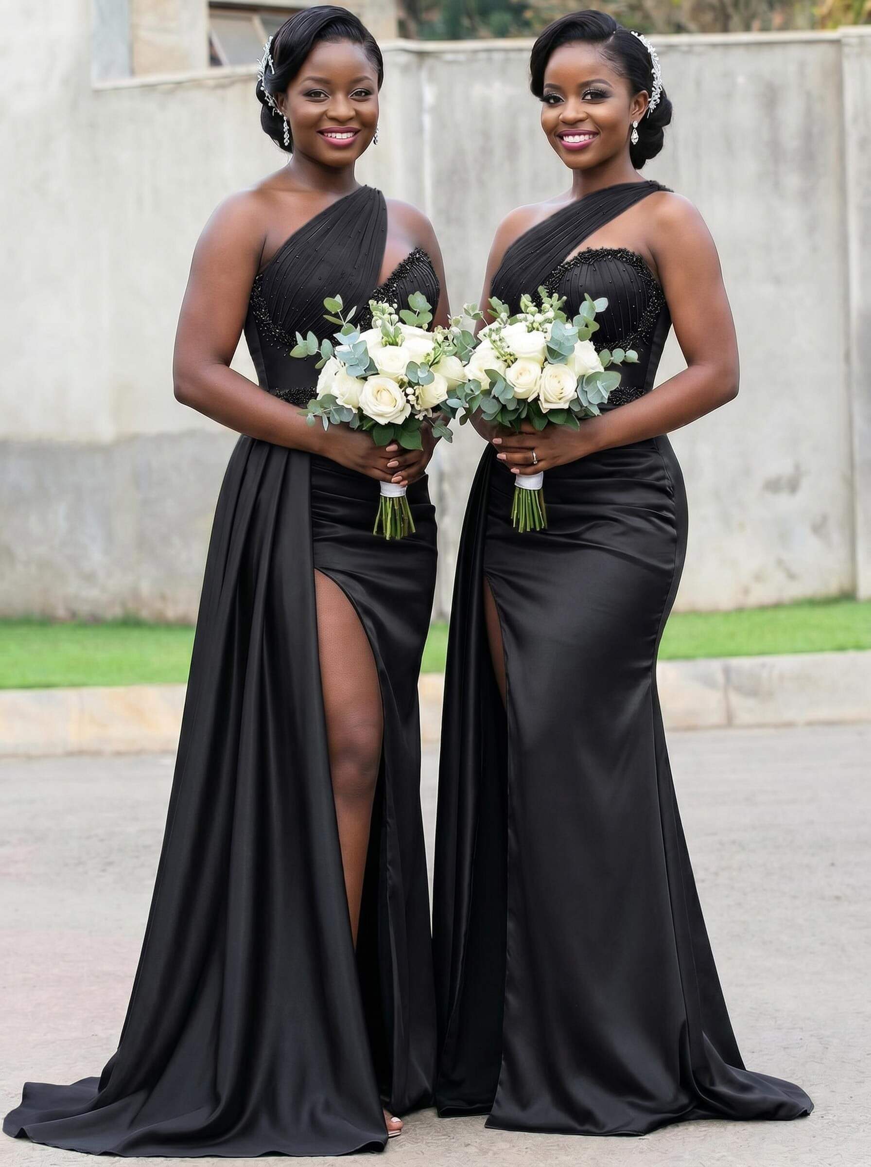 Trumpet/Mermaid Asymmetrical Sweep Train Charmeuse Bridesmaid Dresses With Rhinestone/High Split