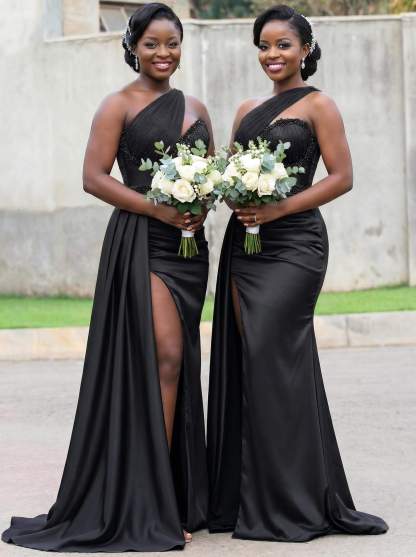 Trumpet/Mermaid Asymmetrical Sweep Train Charmeuse Bridesmaid Dresses With Rhinestone/High Split